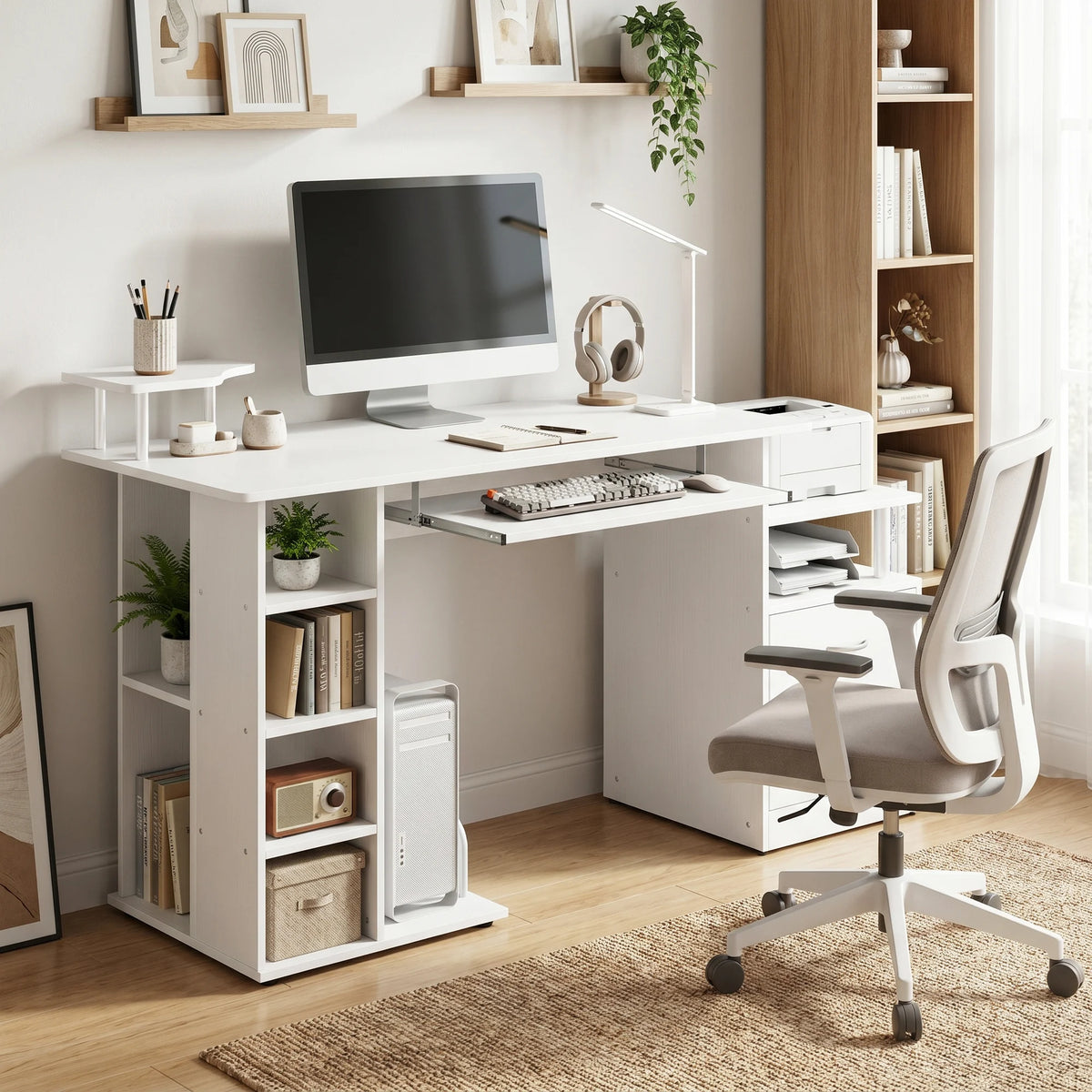 Computer Desk with Keyboard Tray, Printer Shelf and Storage, 120cm, White