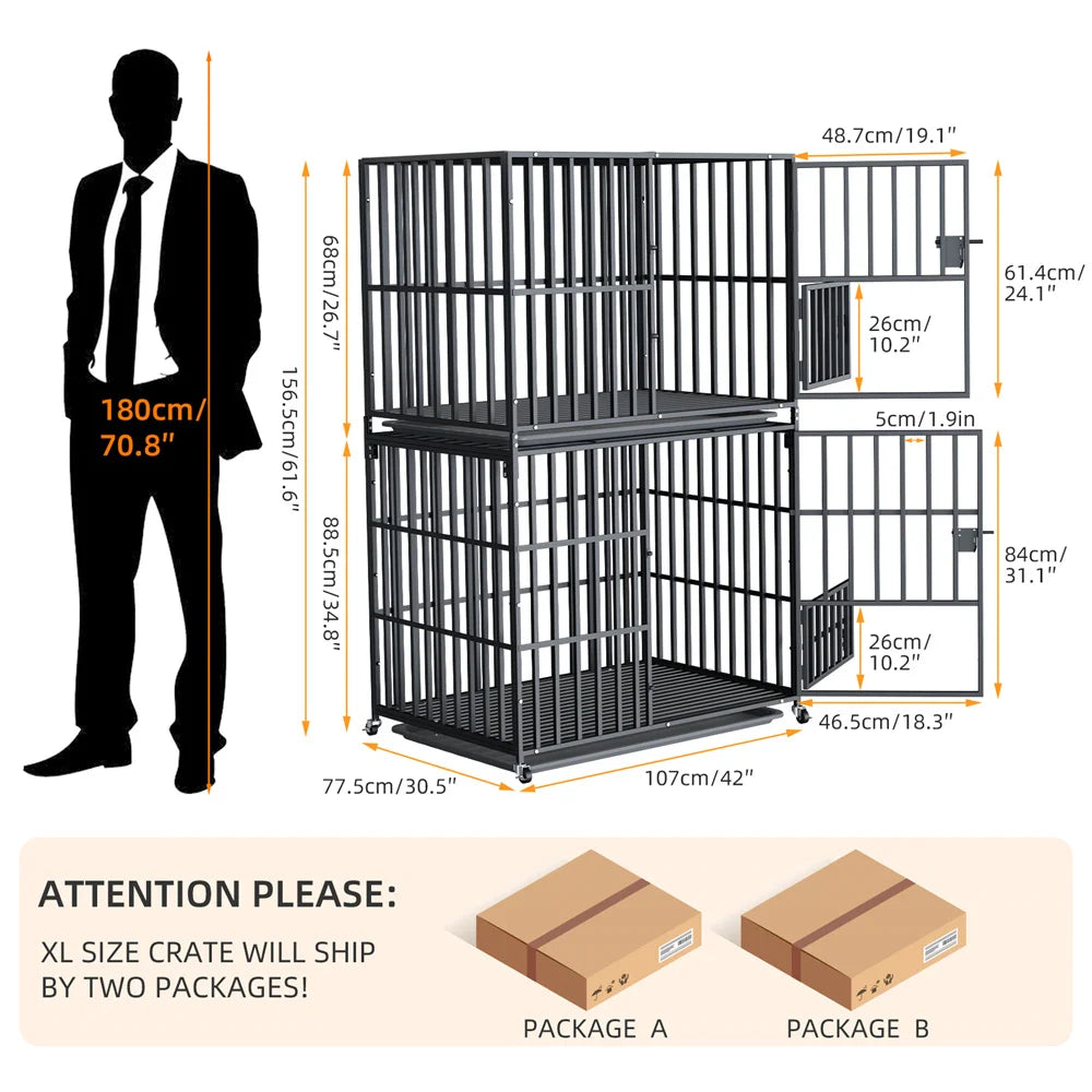 BORWART Oversized Stackable Double Layer Dog Crate 107x77.5x156.5cm Heavy Duty Lockable Wheels for Medium Large Dogs