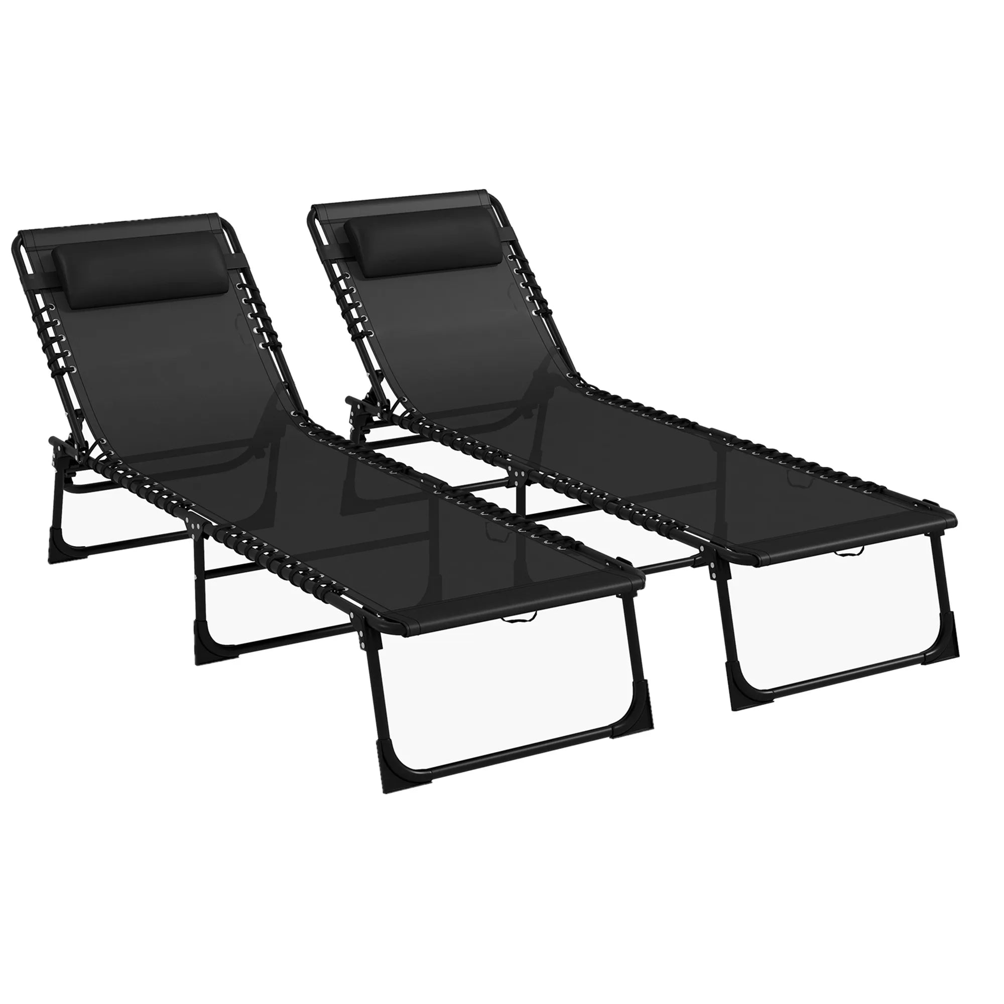 2 Piece Sun Lounger Set Folding Reclining Chaise Chair with 4 Position Backrest and Steel Frame for Beach Pool and Patio