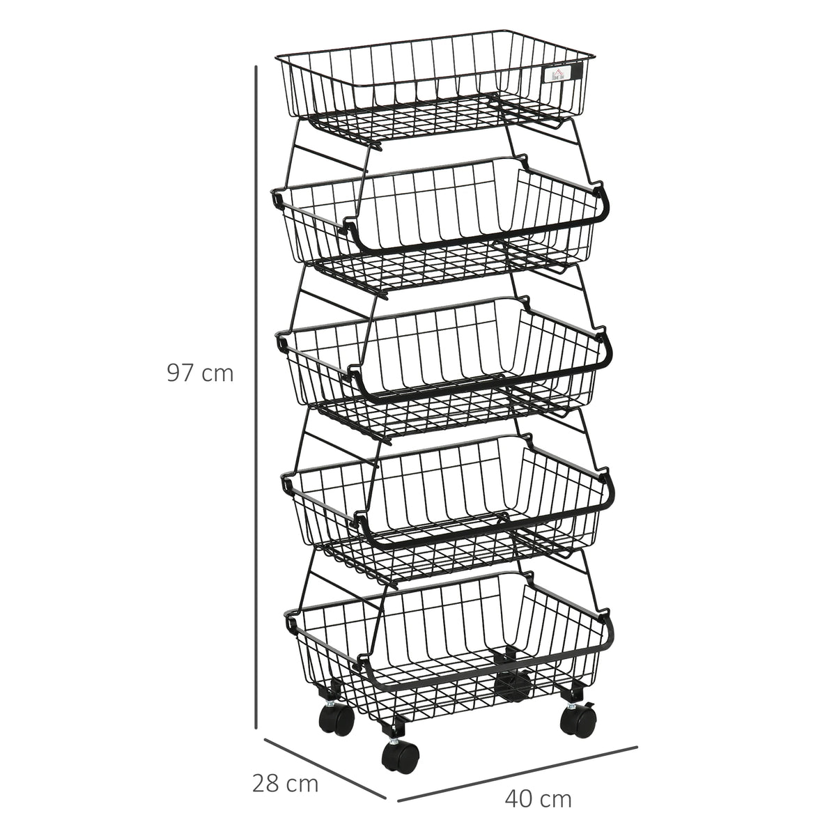 5-Tier Stackable Wire Storage Basket Trolley with Wheels, Black
