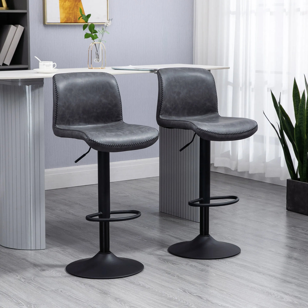 Retro Barstools Set of 2, PU Leather Adjustable Height Swivel Bar Chairs