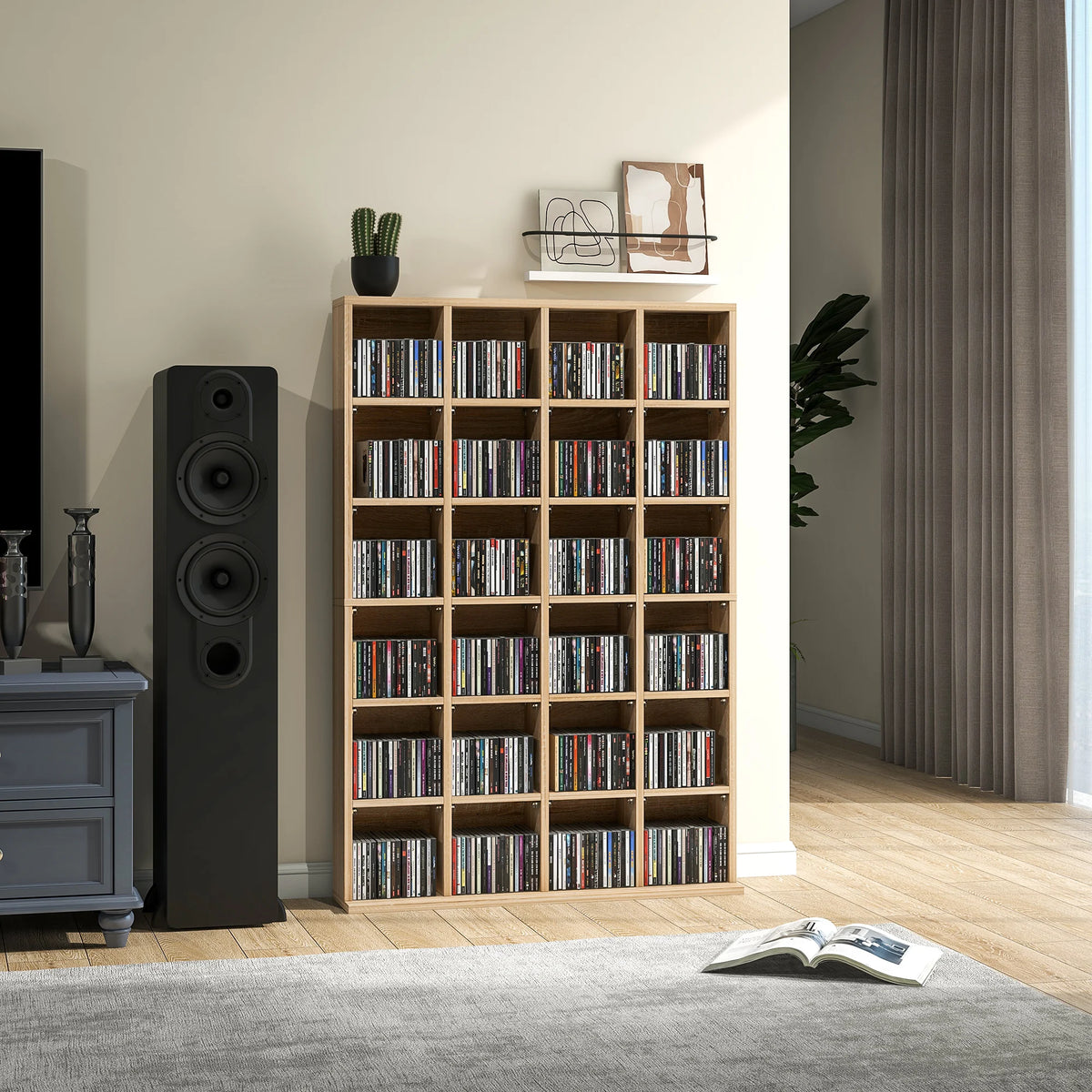 CD and DVD Storage Unit with 24 Cubes and Adjustable Shelves, Holds 456 CDs, Natural