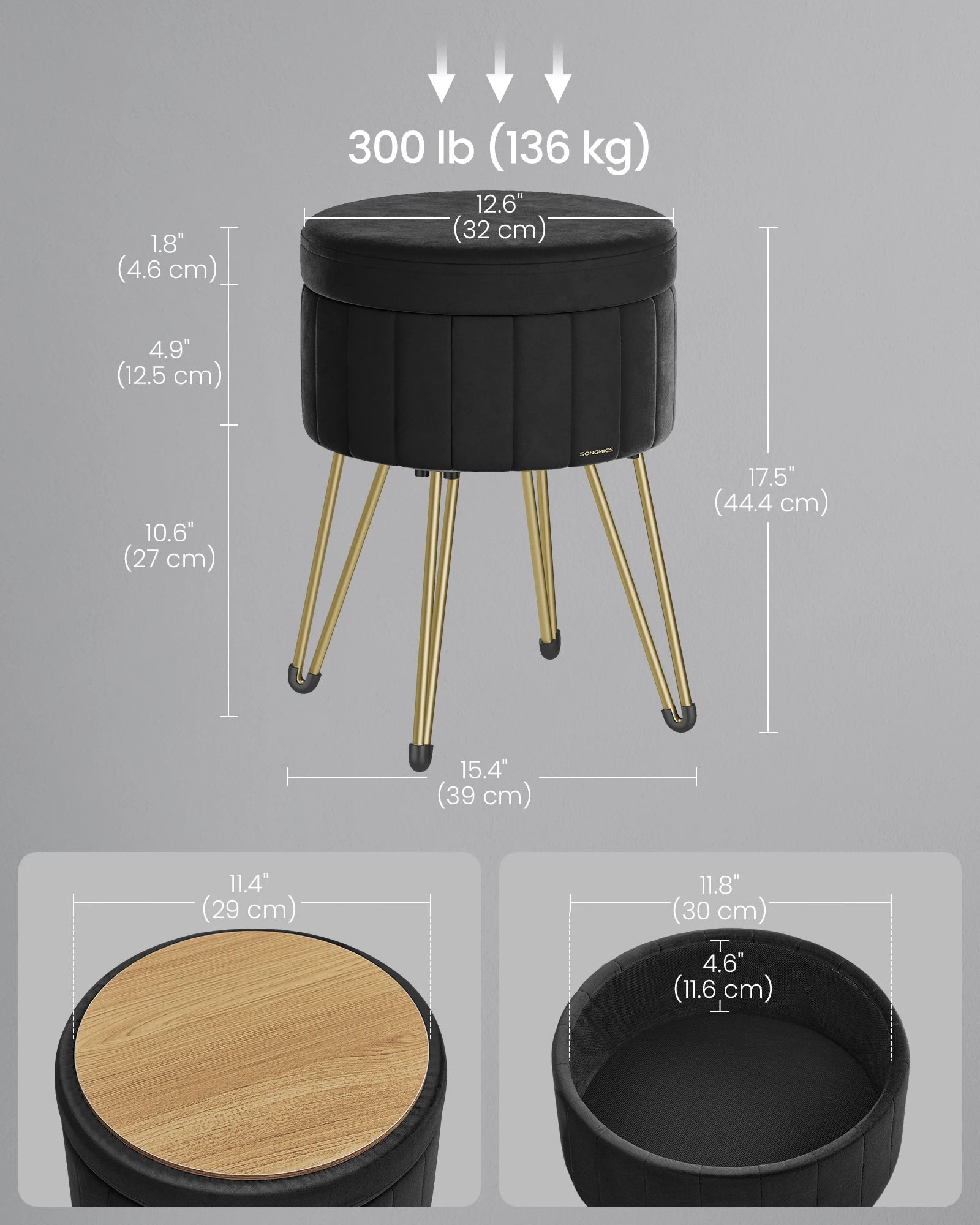 Round Velvet Storage Ottoman Stool with 4 Metal Legs | Dressing Table Seat and Footrest with Hidden Storage