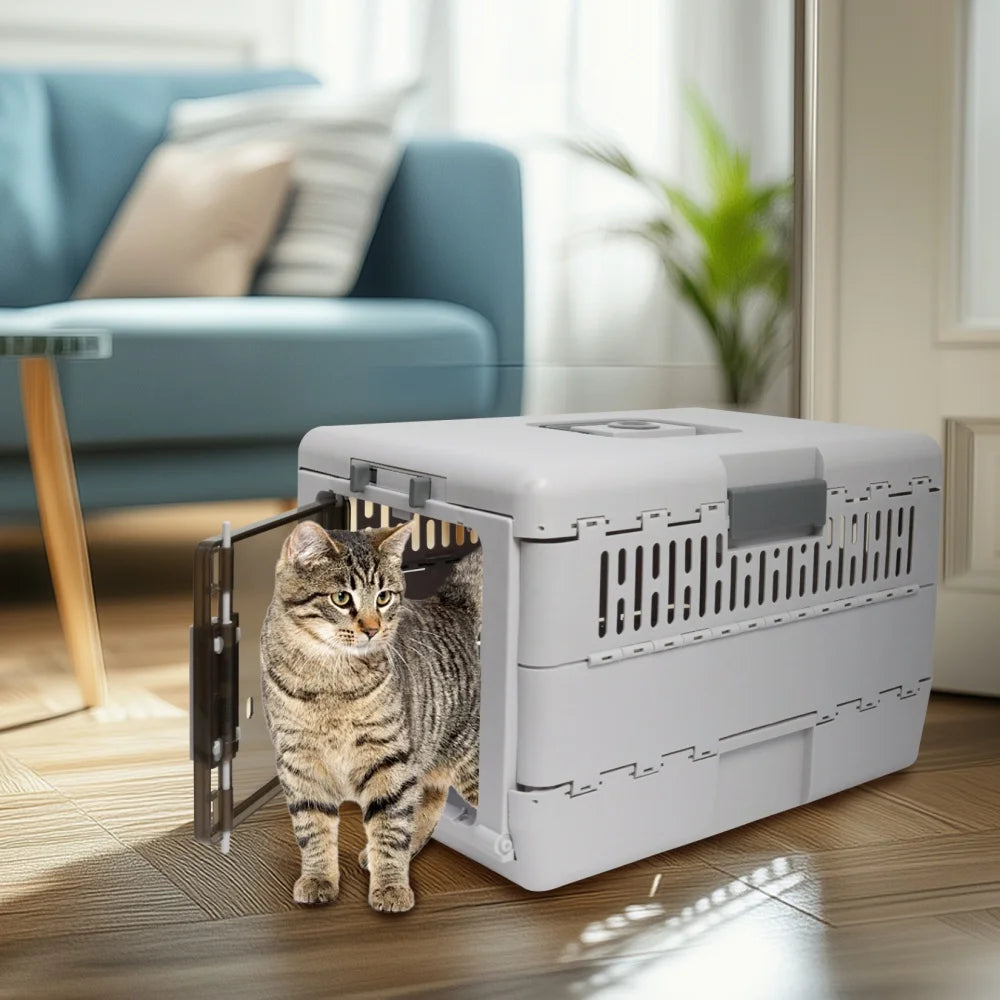 Foldable Hard Pet Carrier Box Lockable Travel Crate for Cats and Small Dogs 48x32x31.5cm Grey
