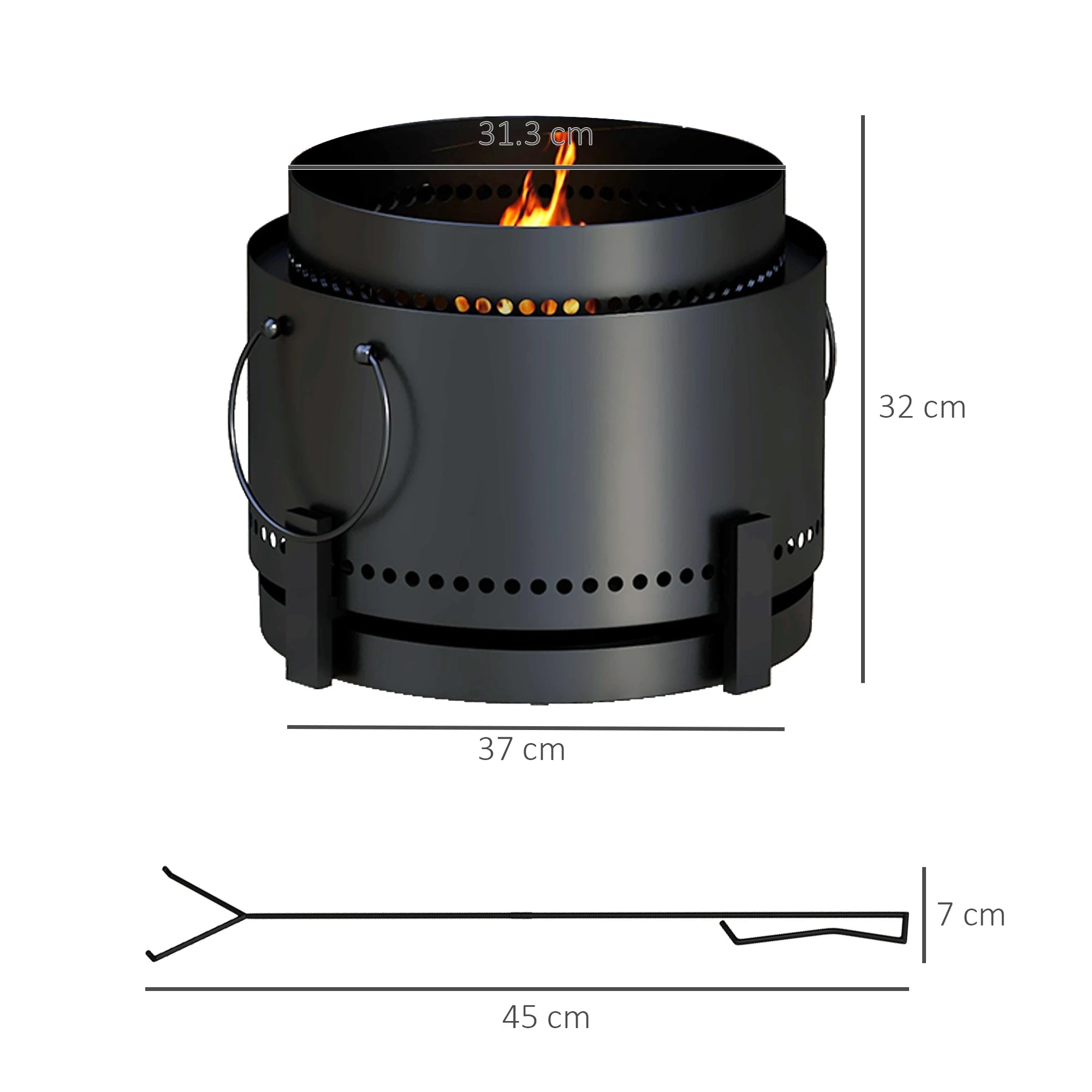 Smokeless Fire Pit with Ash Catcher and Poker 37cm Portable Wood Burning Firepit for Outdoor Garden Patio