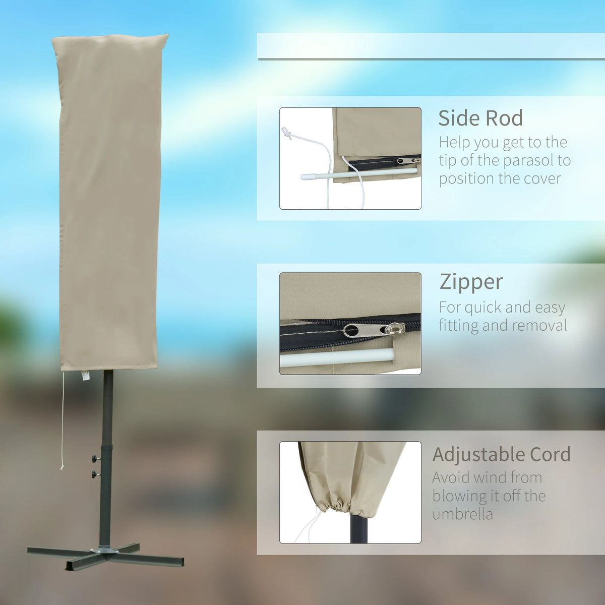 Garden Parasol Cover with Zip and Rod, Patio Umbrella Protector for 2–4m Parasols, Khaki