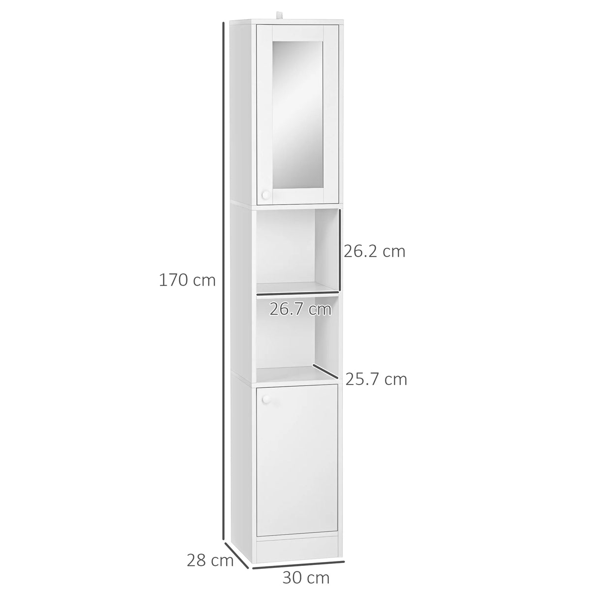Tall Narrow Bathroom Cabinet with Mirror, Shelves and Cupboards, White