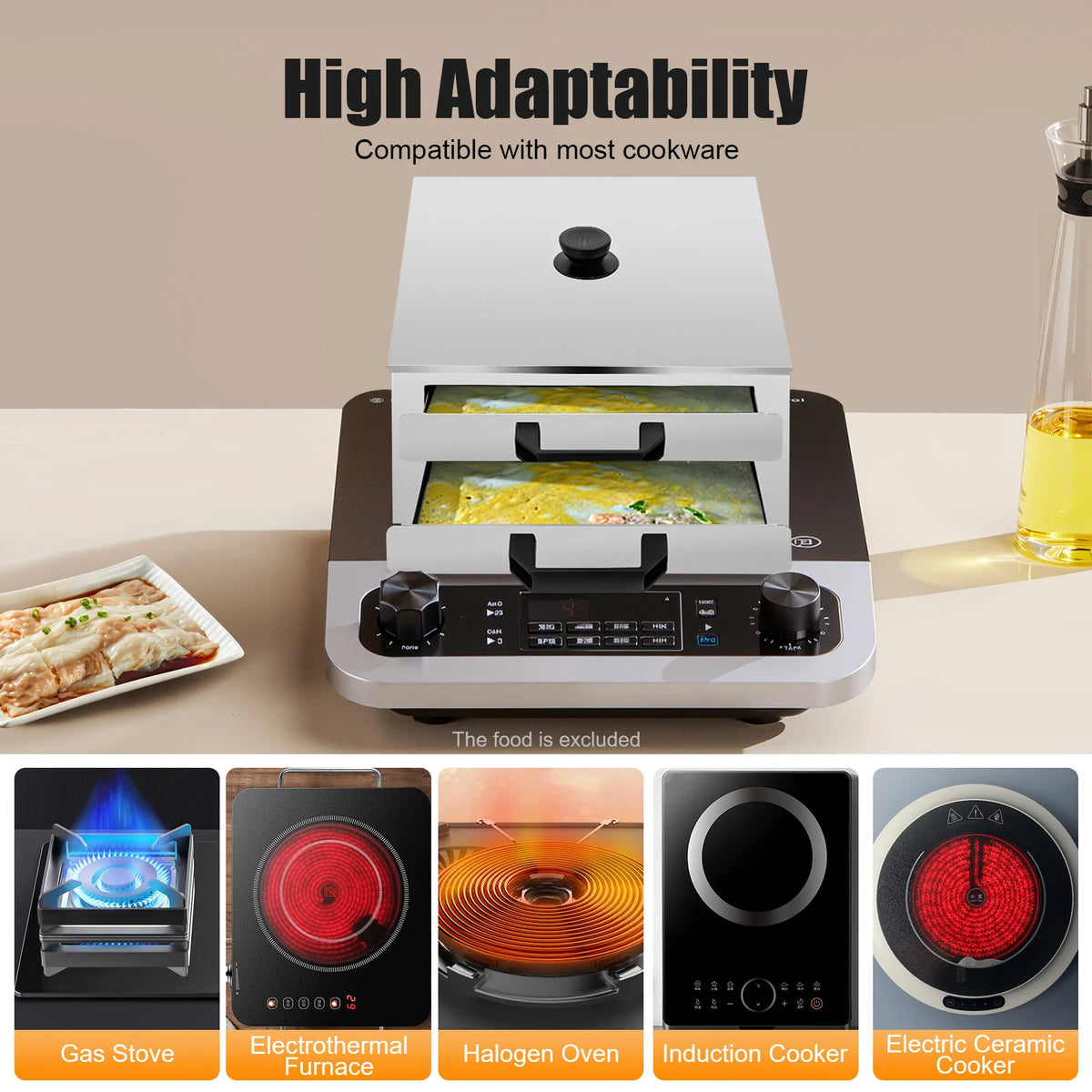 Stainless Steel Double Layer Food Steamer with Tray, Rice Noodle Roll Cooker