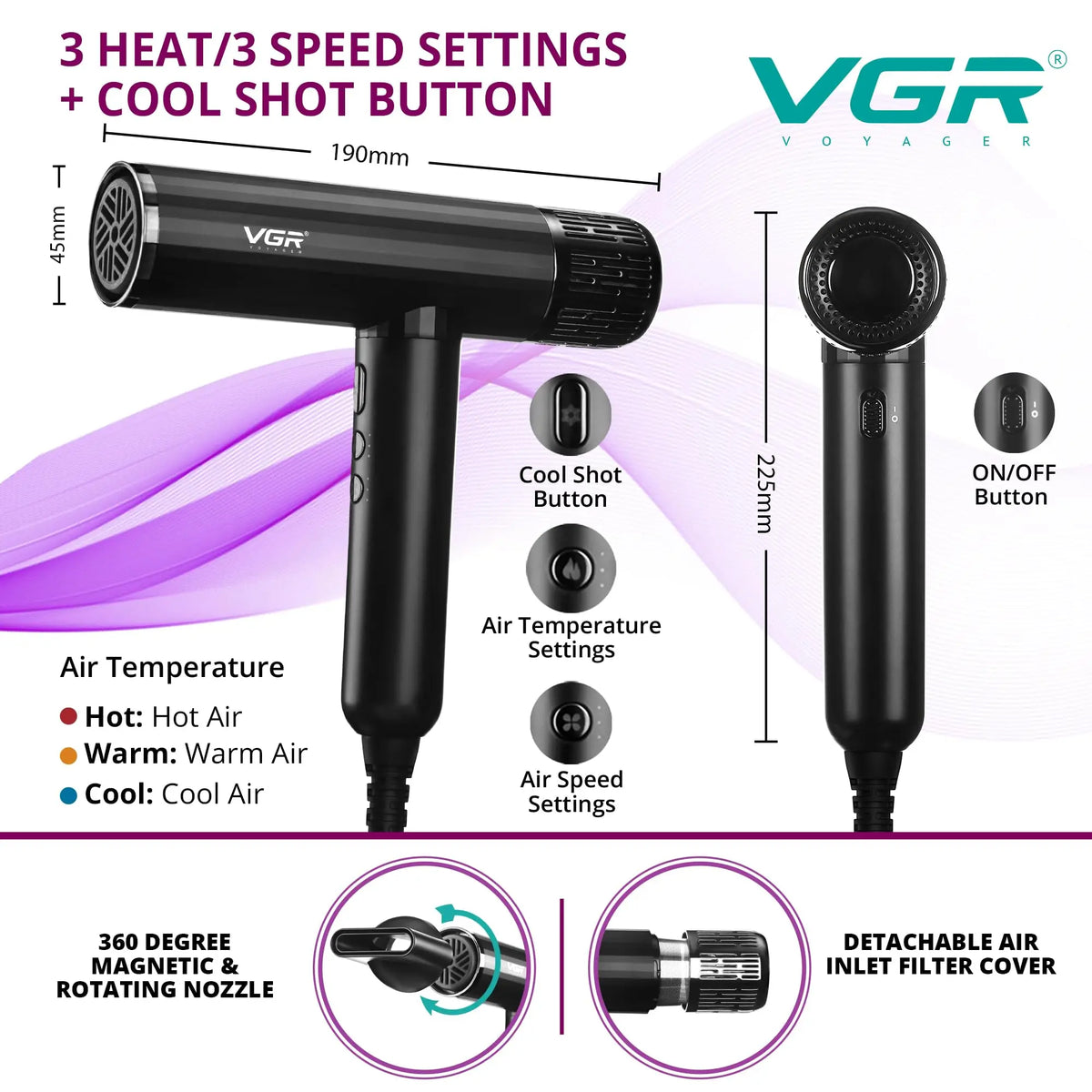 Professional Brushless Hair Dryer V-427 with Magnetic Diffuser and 2 Nozzles, 3 Heat Settings