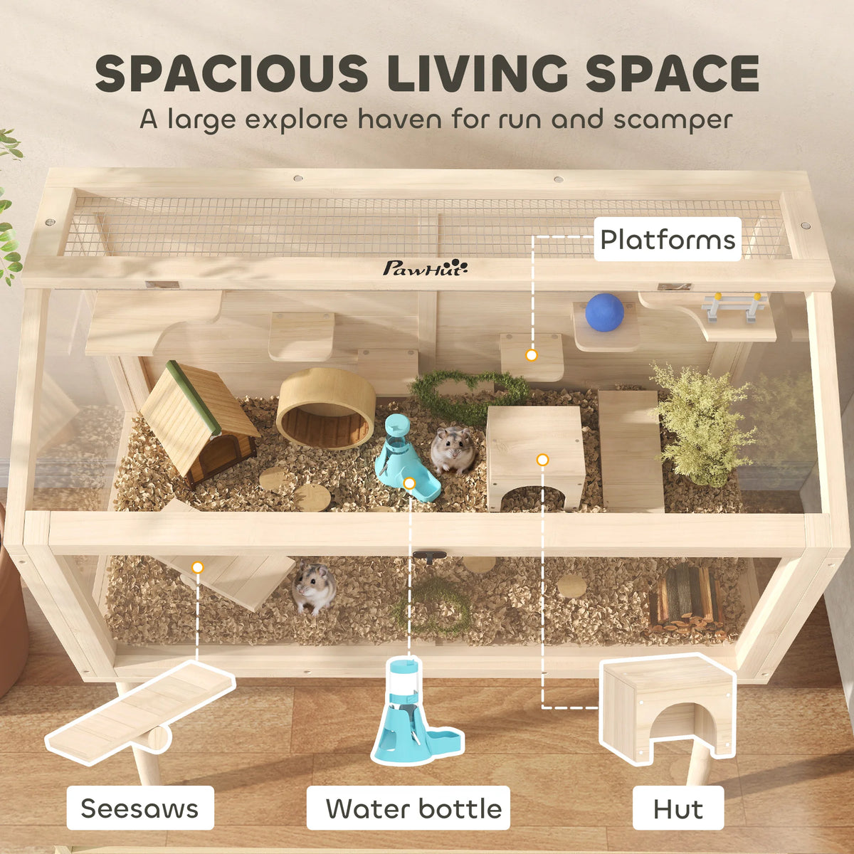 Wooden Hamster Cage 110x52x101cm Gerbil Cage with Openable Top Seesaws Clear Panels and Storage Base