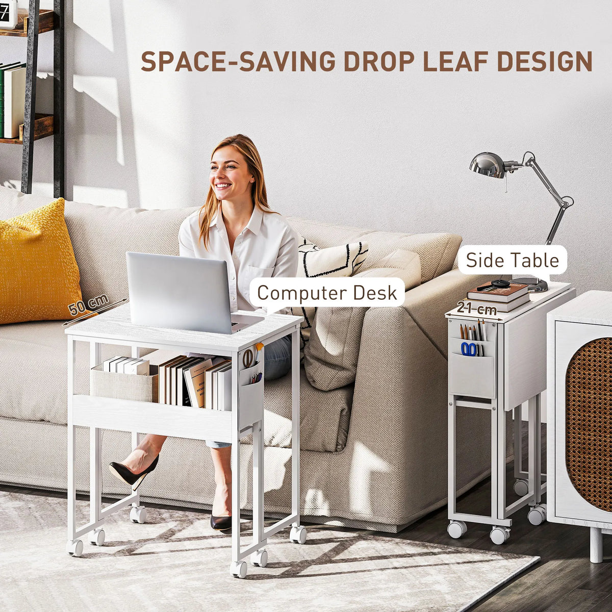 63 cm Foldable Computer Desk on Wheels for Small Spaces White