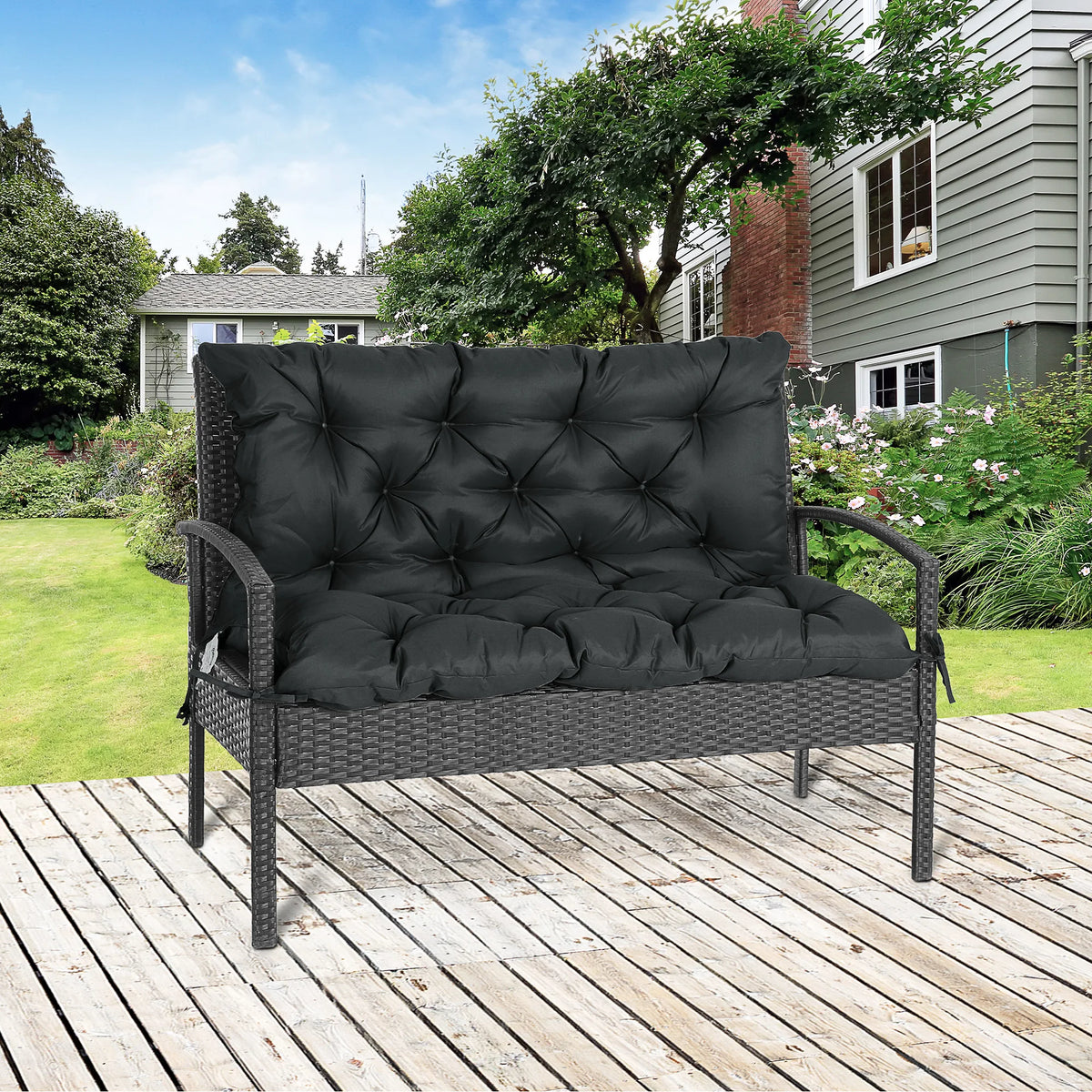 2 Seater Garden Bench Cushion, Outdoor Seat Pad with Ties, Black