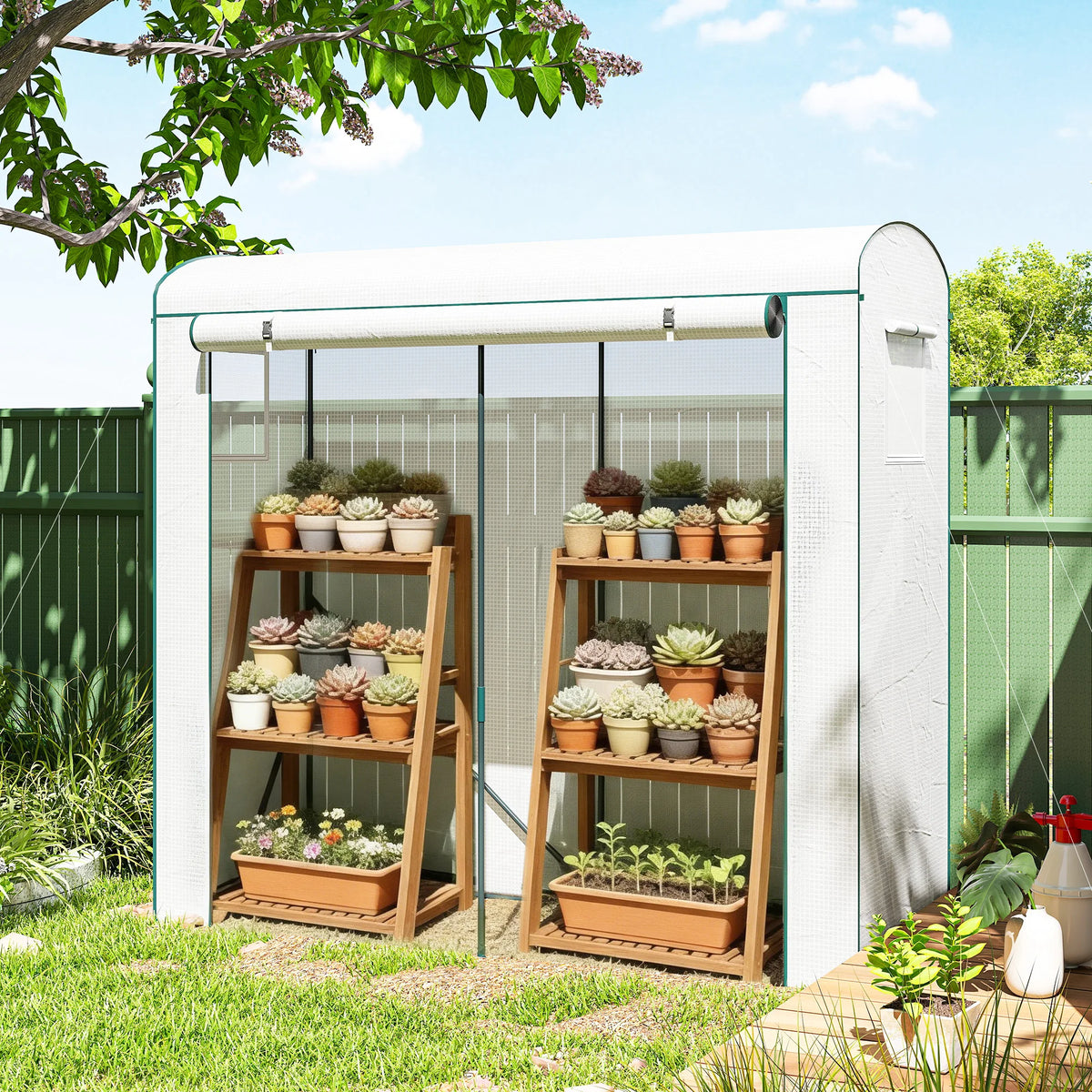 Portable Tomato Greenhouse with Roll-Up Door and Mesh Windows, White