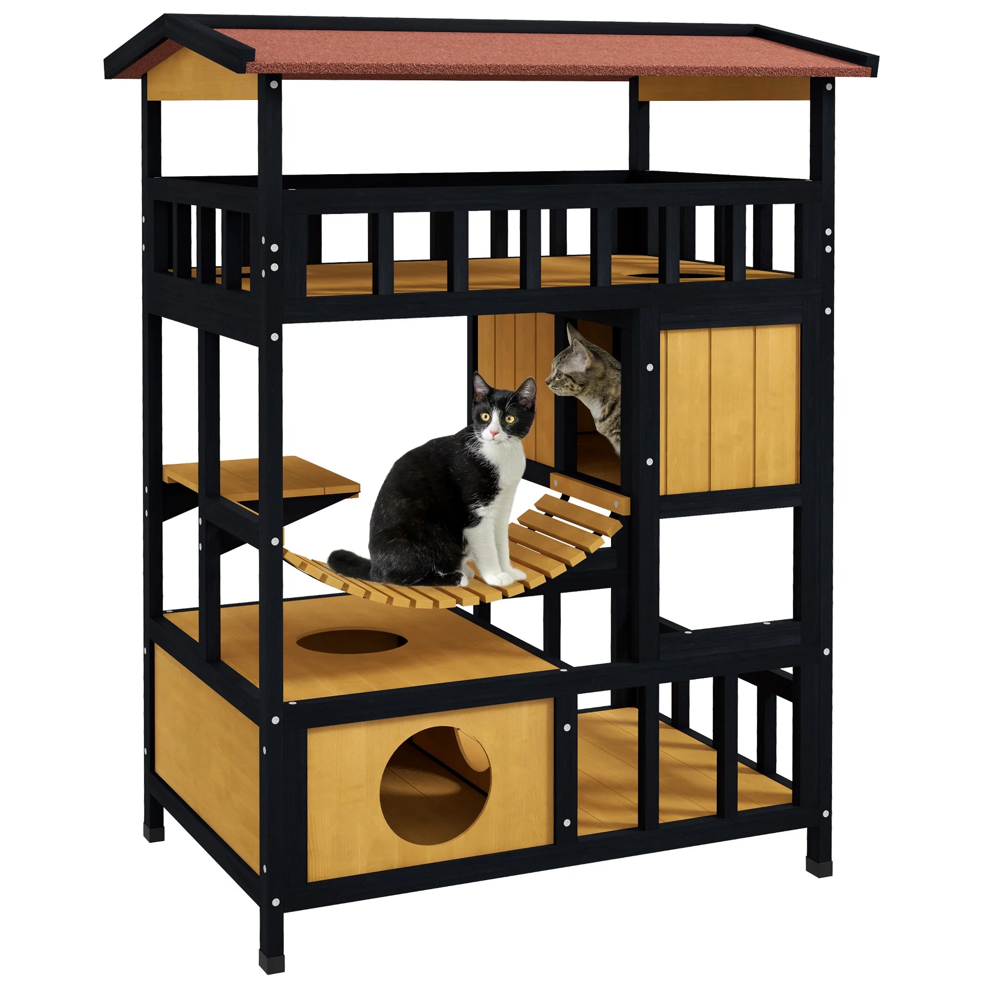 Outdoor Cat House with Suspension Bridge Balcony Platforms and Two Indoor Dens Multi-Level Cat Play Centre