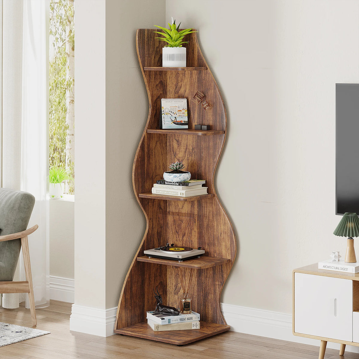 5-Tier Rustic Corner Wall Bookshelf with Sea Grass Design | Vintage Brown Corner Shelf Plant Stand