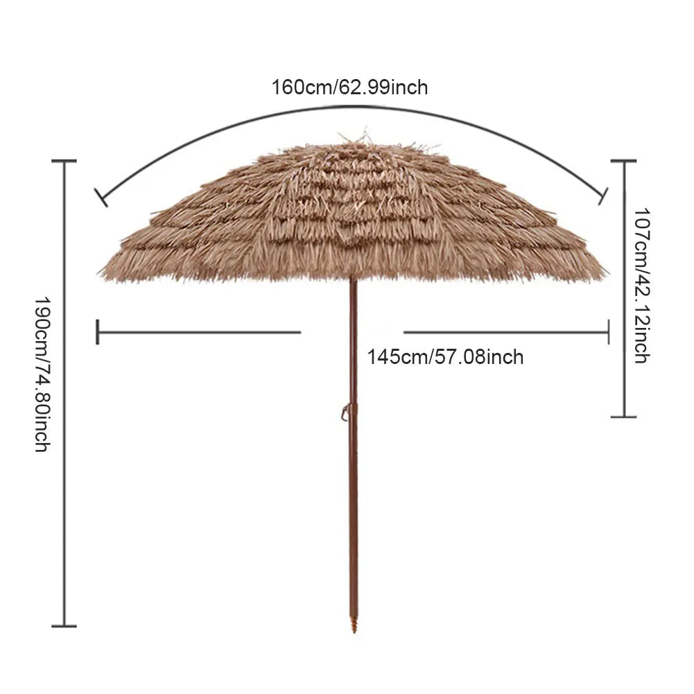 6.23ft/1.9m Thatched Tiki Beach Umbrella, Height Adjustable Natural Garden Patio Umbrella, 8 Ribs