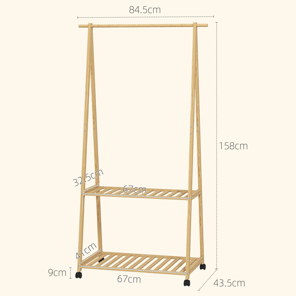 Bamboo Clothes Rail with 2 Shelves, Hooks and Wheels