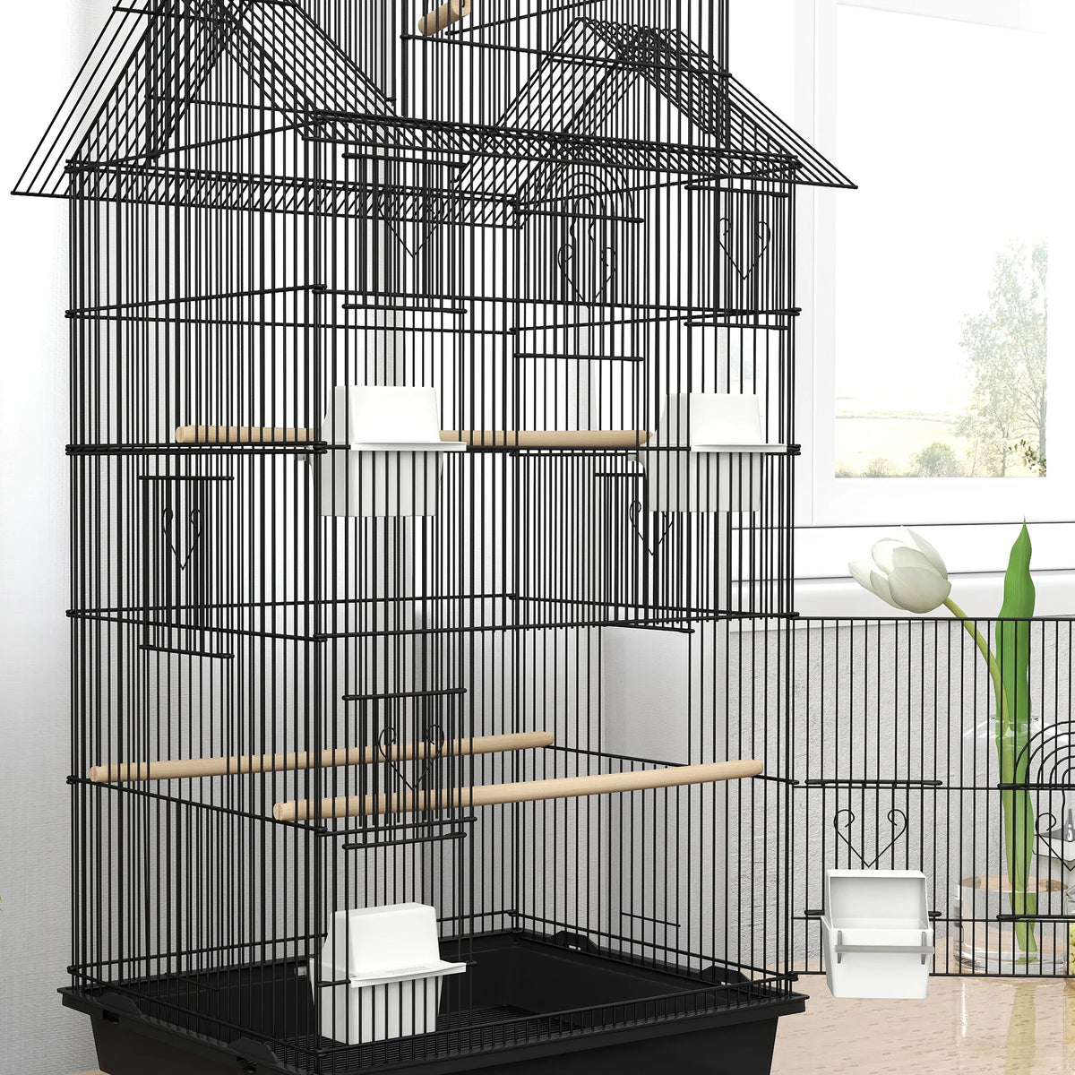 Metal Bird Cage w/ Perch, Food Container, Handle, for Finch, Canary