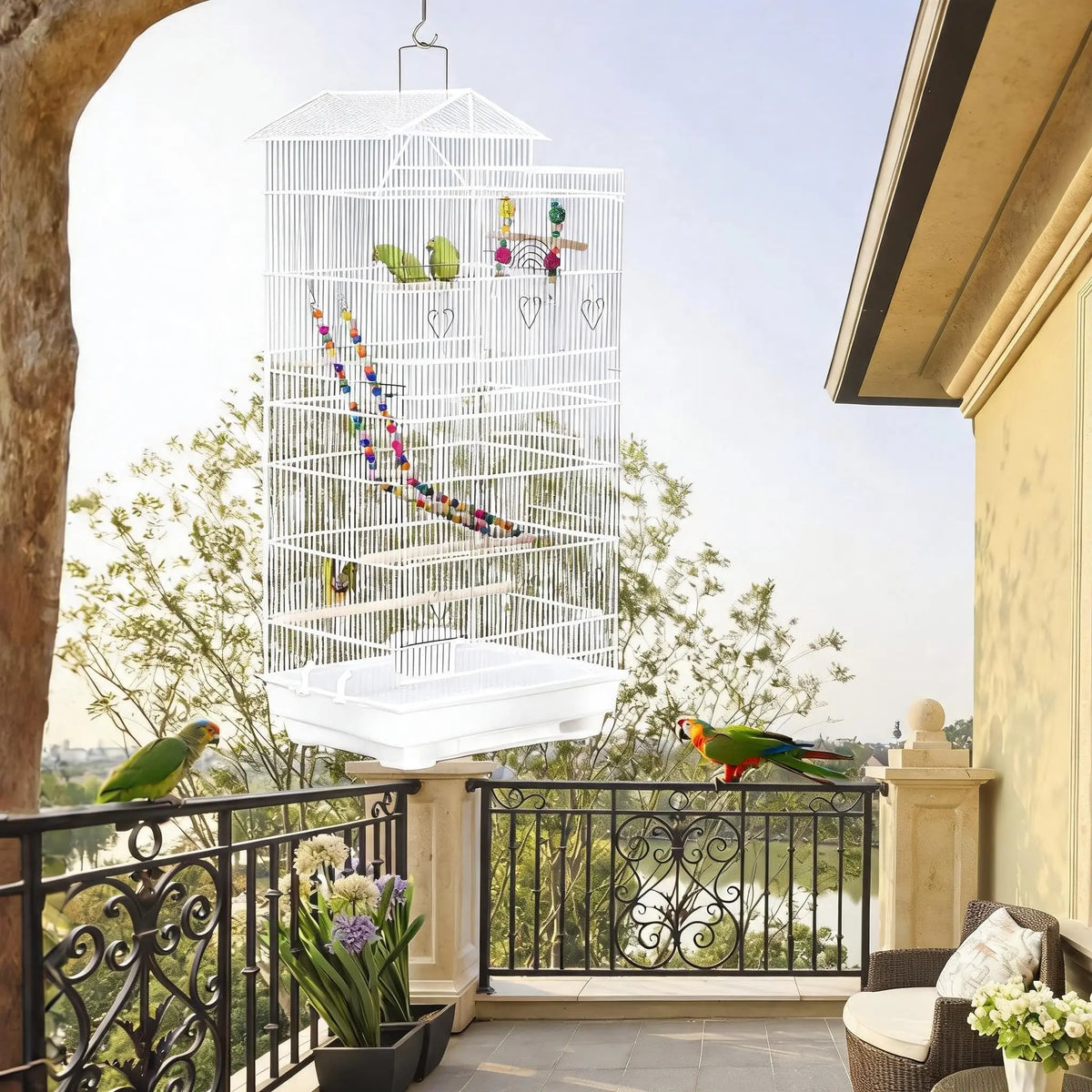 Tall Metal Bird Cage with Perches, Ladder, Toy and Pull-Out Tray, White