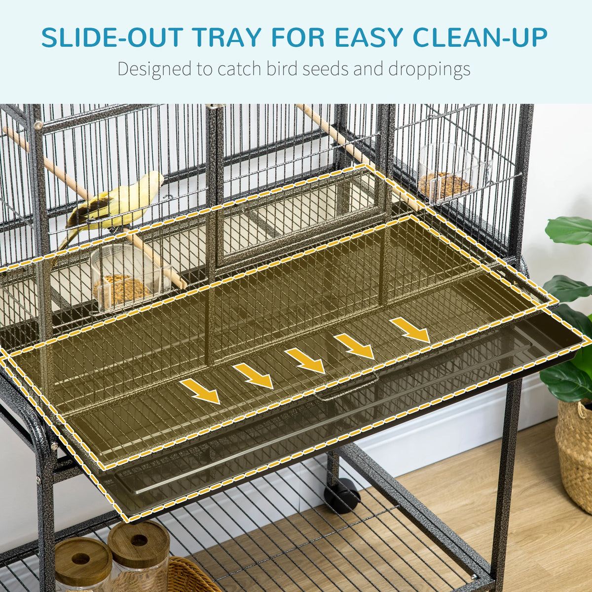 Rolling Bird Cage with Detachable Stand 7 Doors Wooden Perches Food Cups and Pull Out Tray