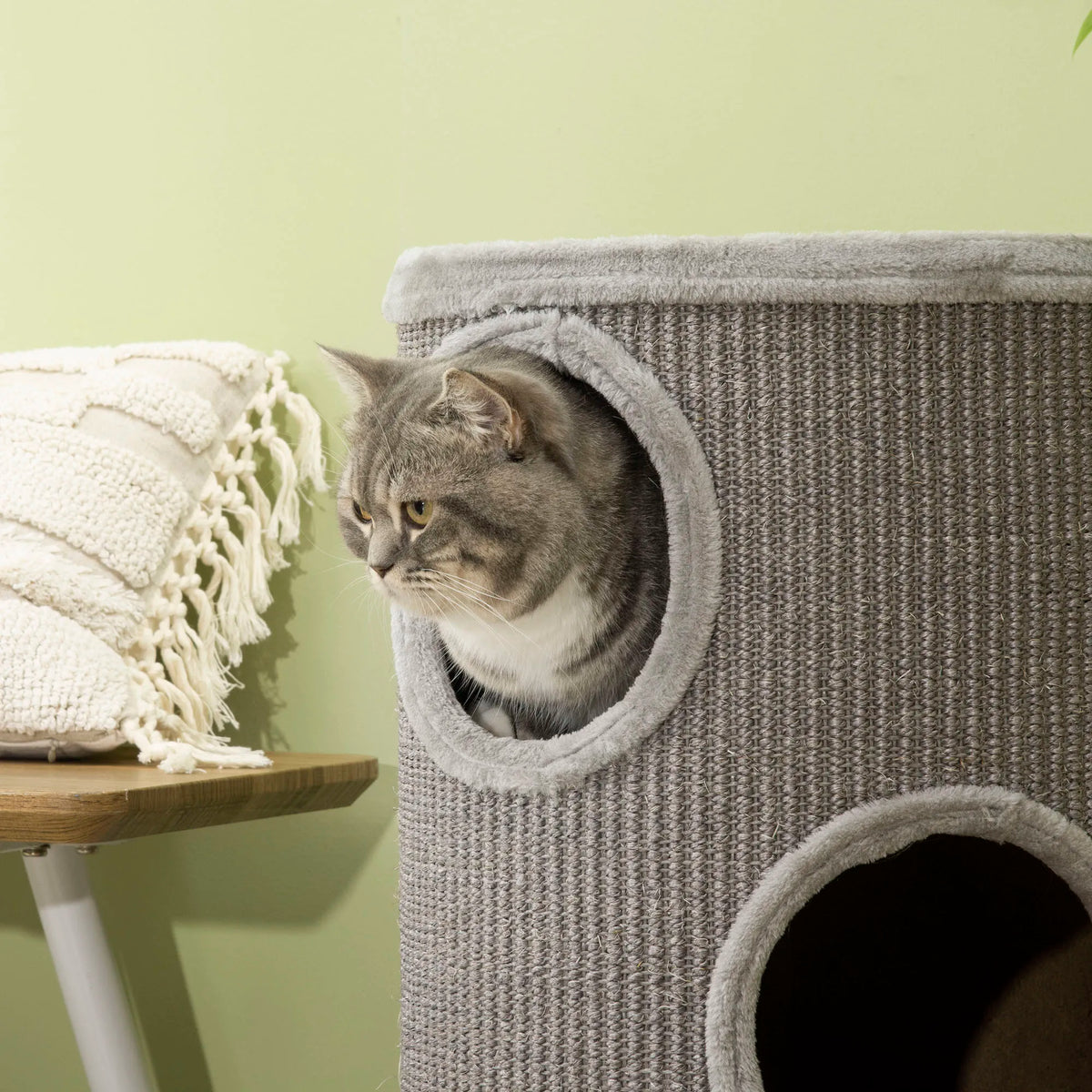 Barrel Cat Tree Tower with Sisal Scratching Mat and Plush Lining, Light Grey