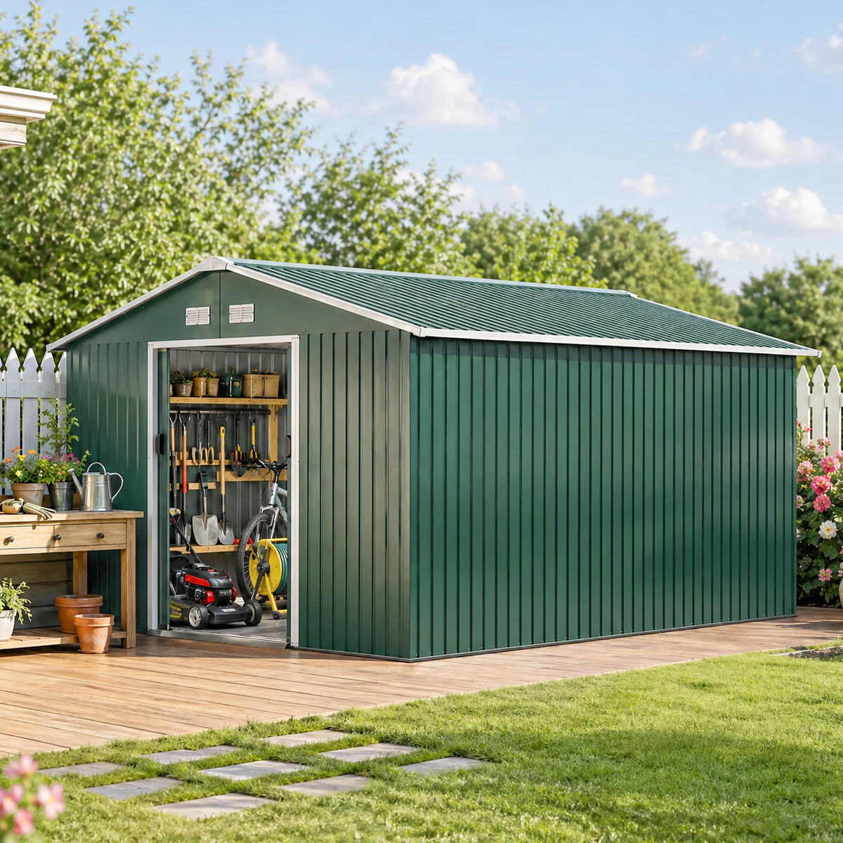 13 x 11ft Metal Garden Shed with Lockable Sliding Doors and Foundation Kit, Green
