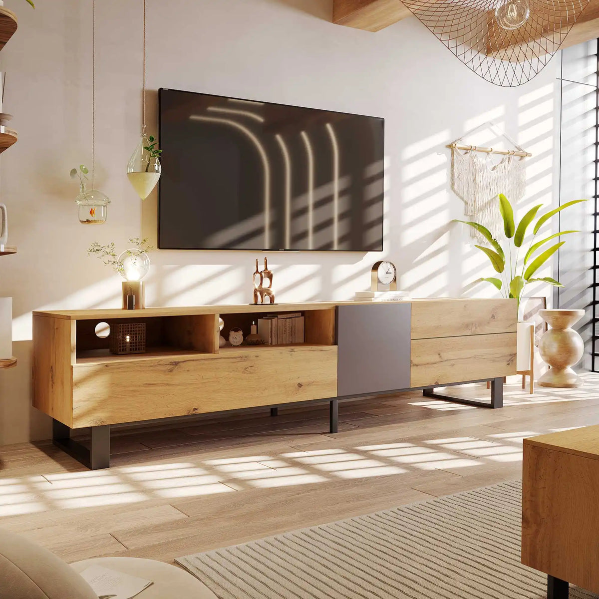 180cm Wood Grain TV Cabinet with Drawers and Push-Open Doors | Modern Black and Wood TV Stand