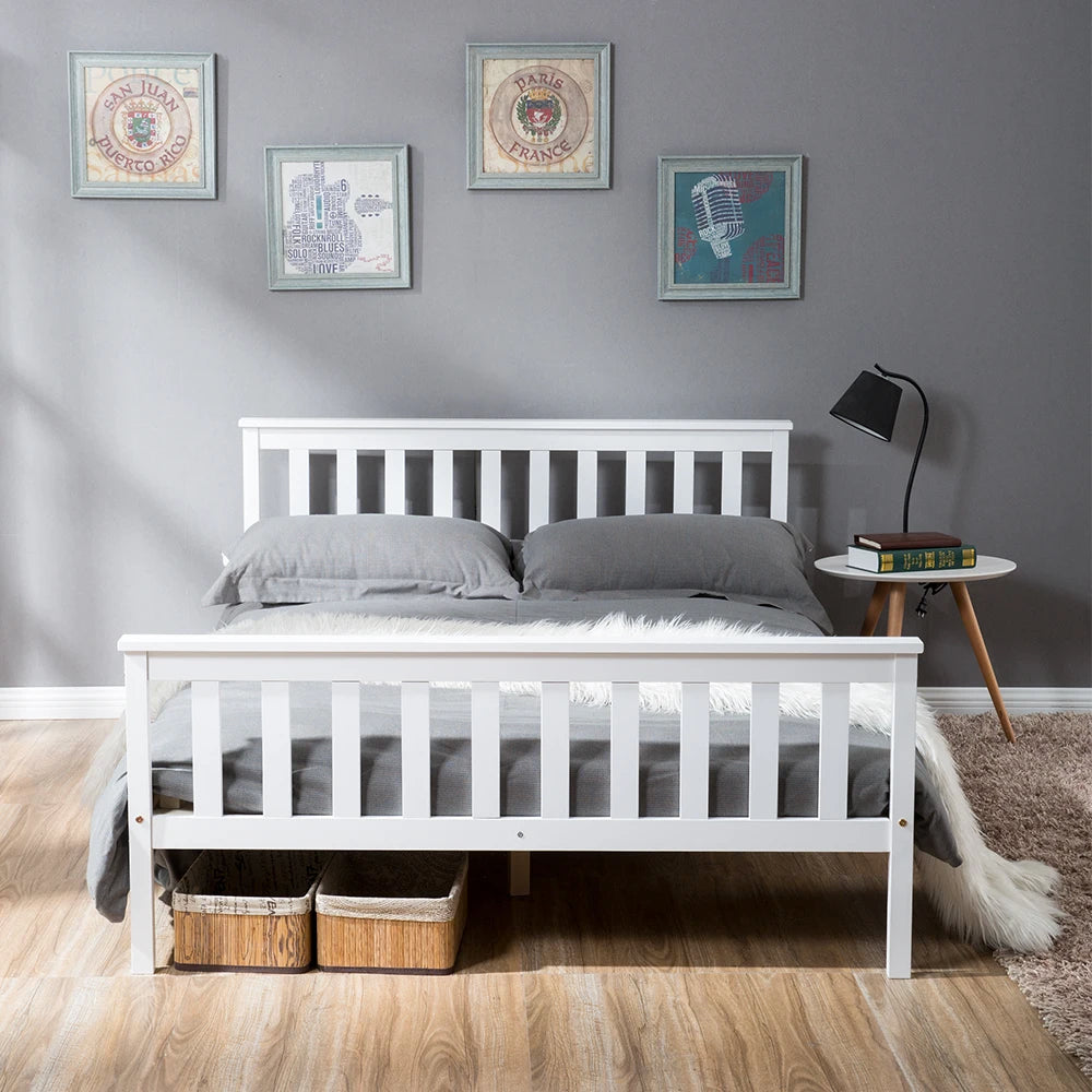 4ft6 Double Wooden Bed Frame, White Solid Pine, No Box Spring Needed