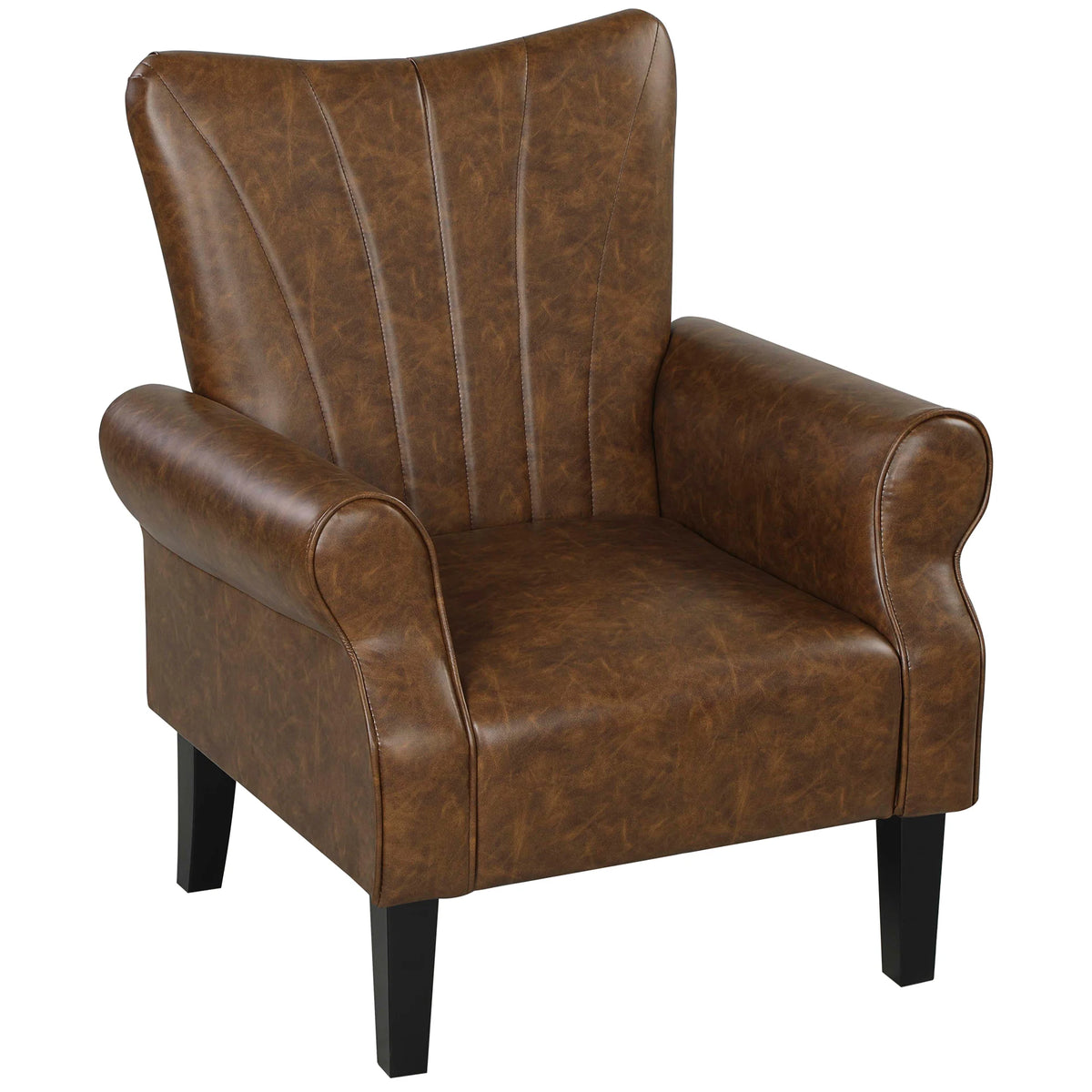Accent Armchair with 25cm Thick Padded Seat Wingback PU Leather Rubber Wood Legs Curved Arms Brown