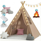 Foldable Teepee Tent with Cushions LED Star String Lights and Play Mat Indoor Outdoor Kids Playhouse for Garden Adventures