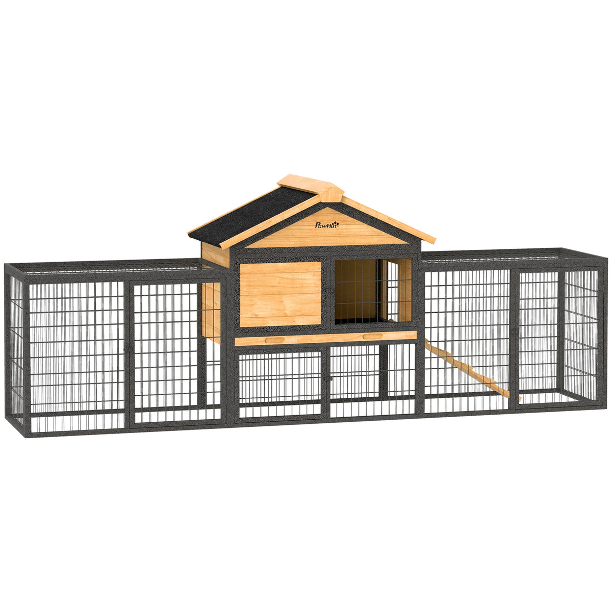 Outdoor Rabbit Hutch with Steel Run 217x53x86cm Guinea Pig Cage Asphalt Roof and Removable Tray Natural
