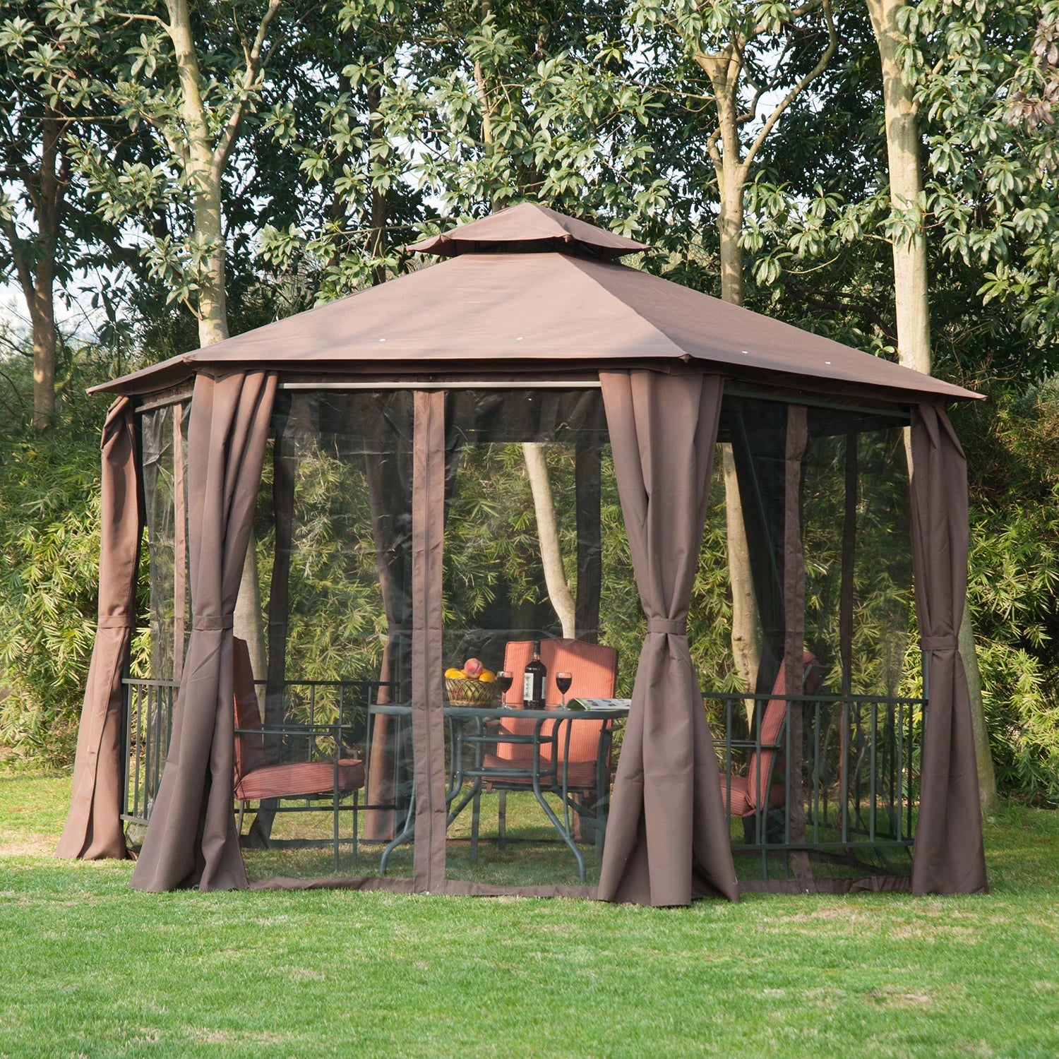 3 x 3m Hexagonal Garden Gazebo with Double Tier Roof, Mesh Side Panels, UV-Resistant Canopy and Ground Stakes
