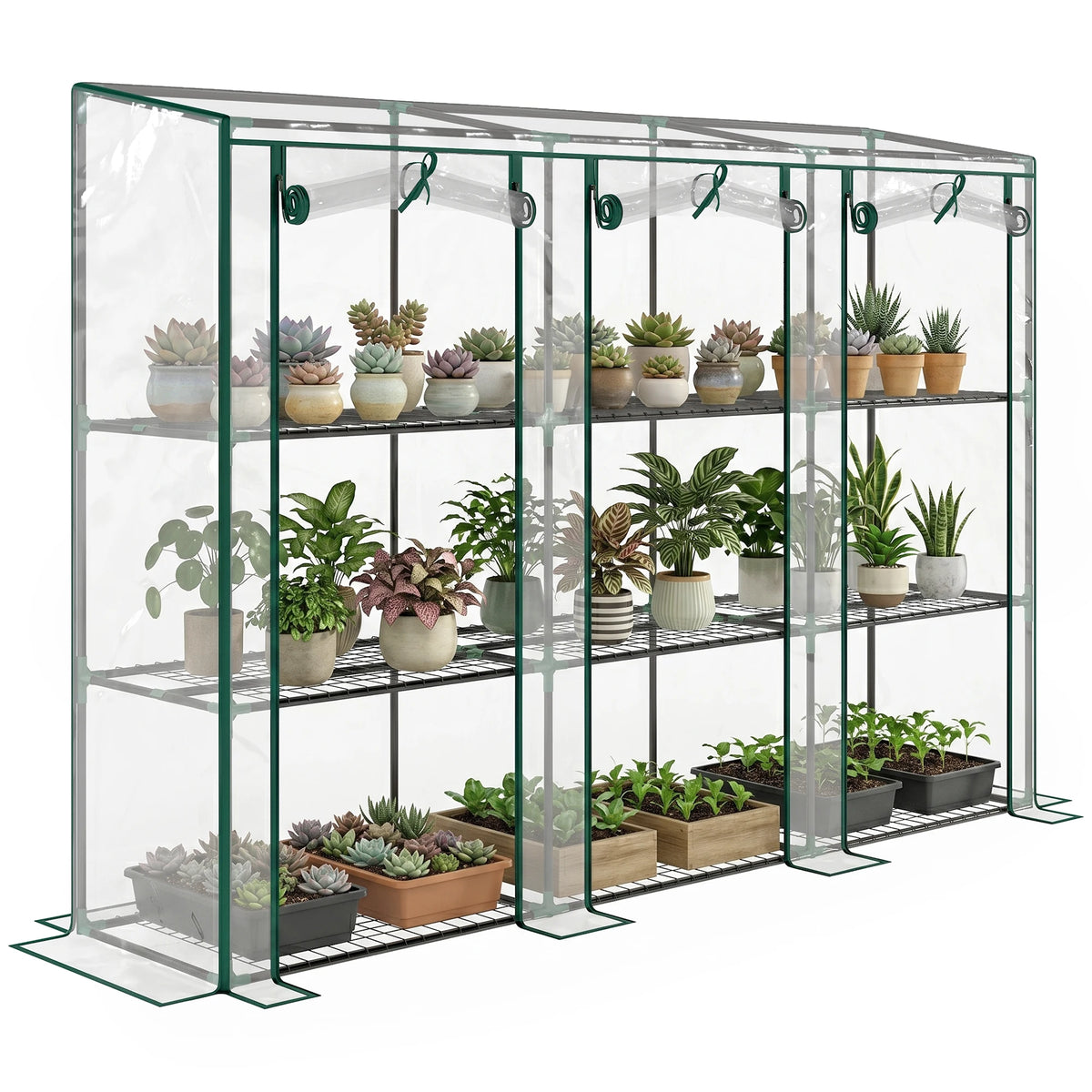 3-Tier Lean-to Mini Greenhouse with Clear Cover and 3 Roll-Up Doors