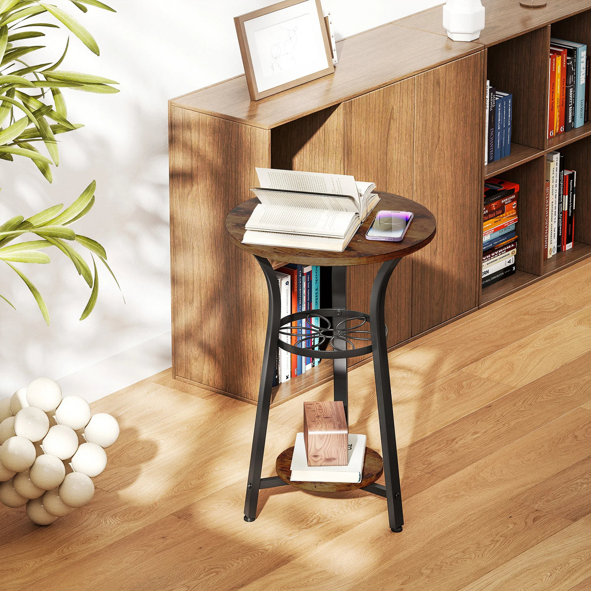 3-Tier Small End Table, Industrial 38cm Round Side Table, Rustic Brown