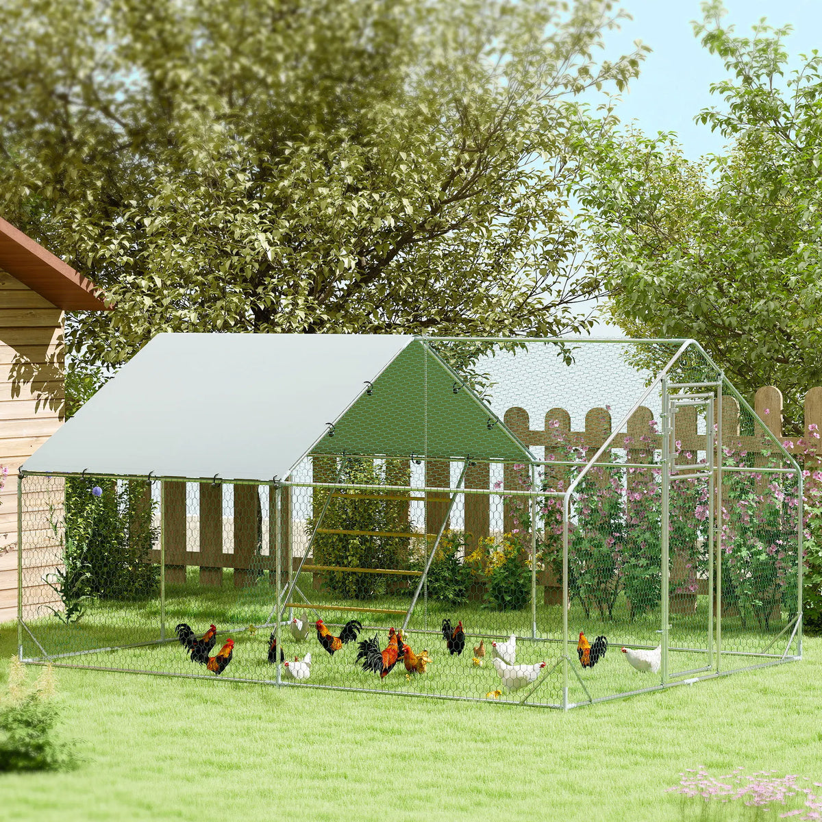 Large Walk-in Chicken Run with Cover, Feeder and Perch, 4 x 3m, for 12–18 Chickens
