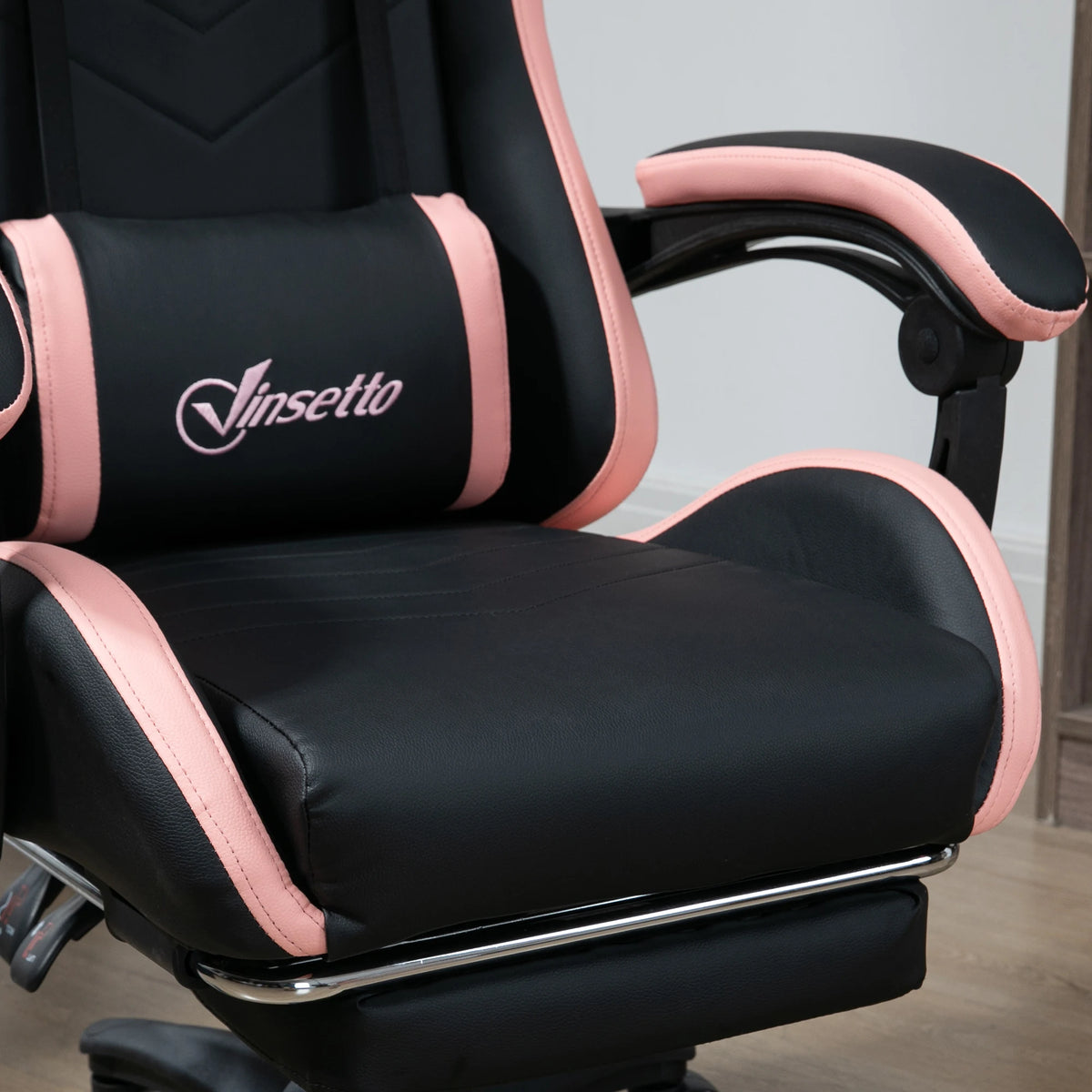 Reclining Racing Gaming Chair with Footrest and Headrest, Faux Leather, Black and Pink