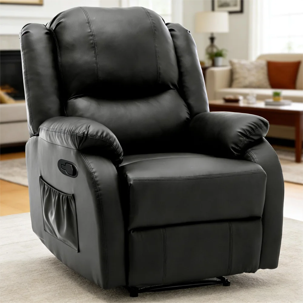 Black PU Leather Recliner Chair with Adjustable Backrest and Footrest | Single Sofa Lounge Armchair for Living Room