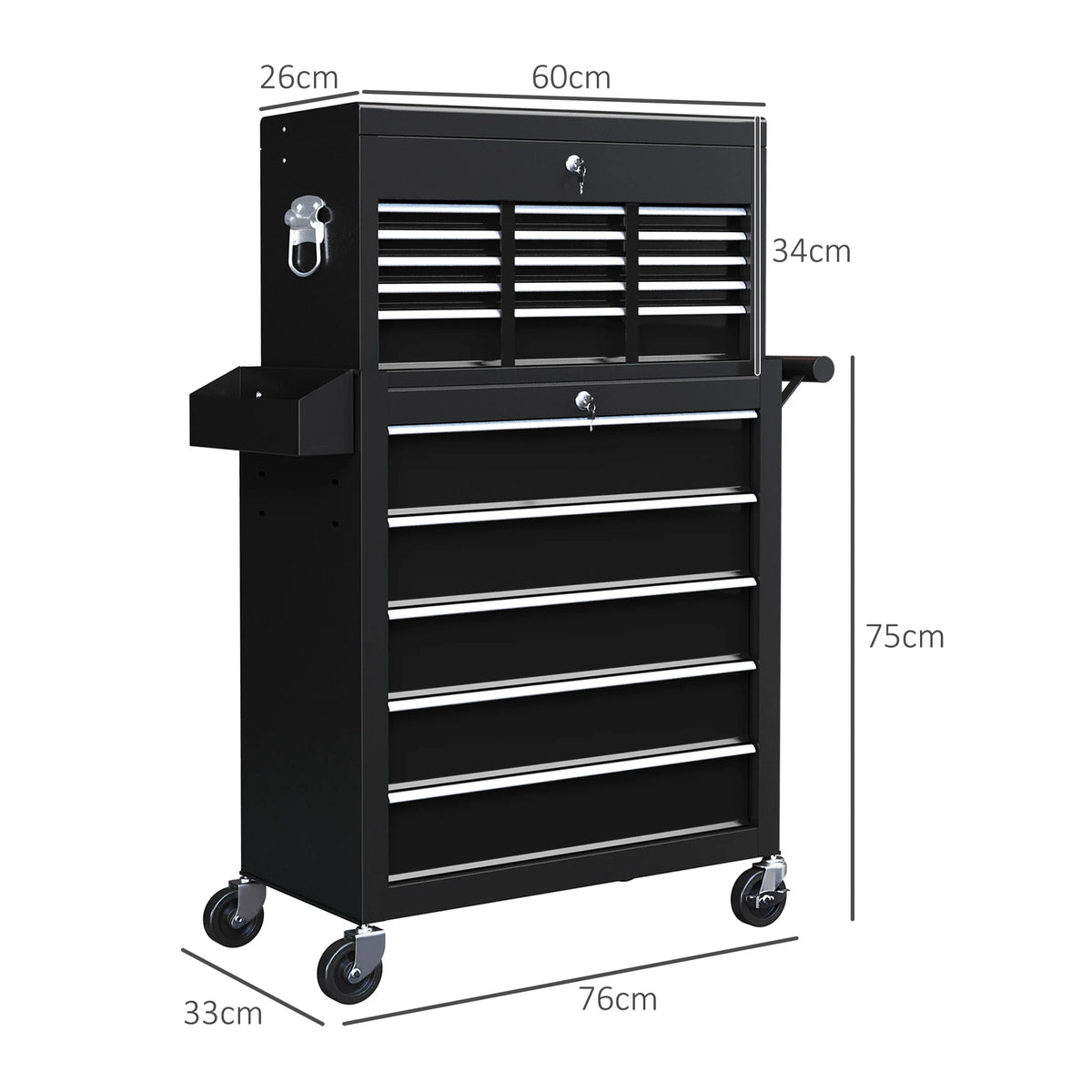 Rolling Tool Cabinet and Top Chest Combo with Lockable Drawers and Pegboard, Black