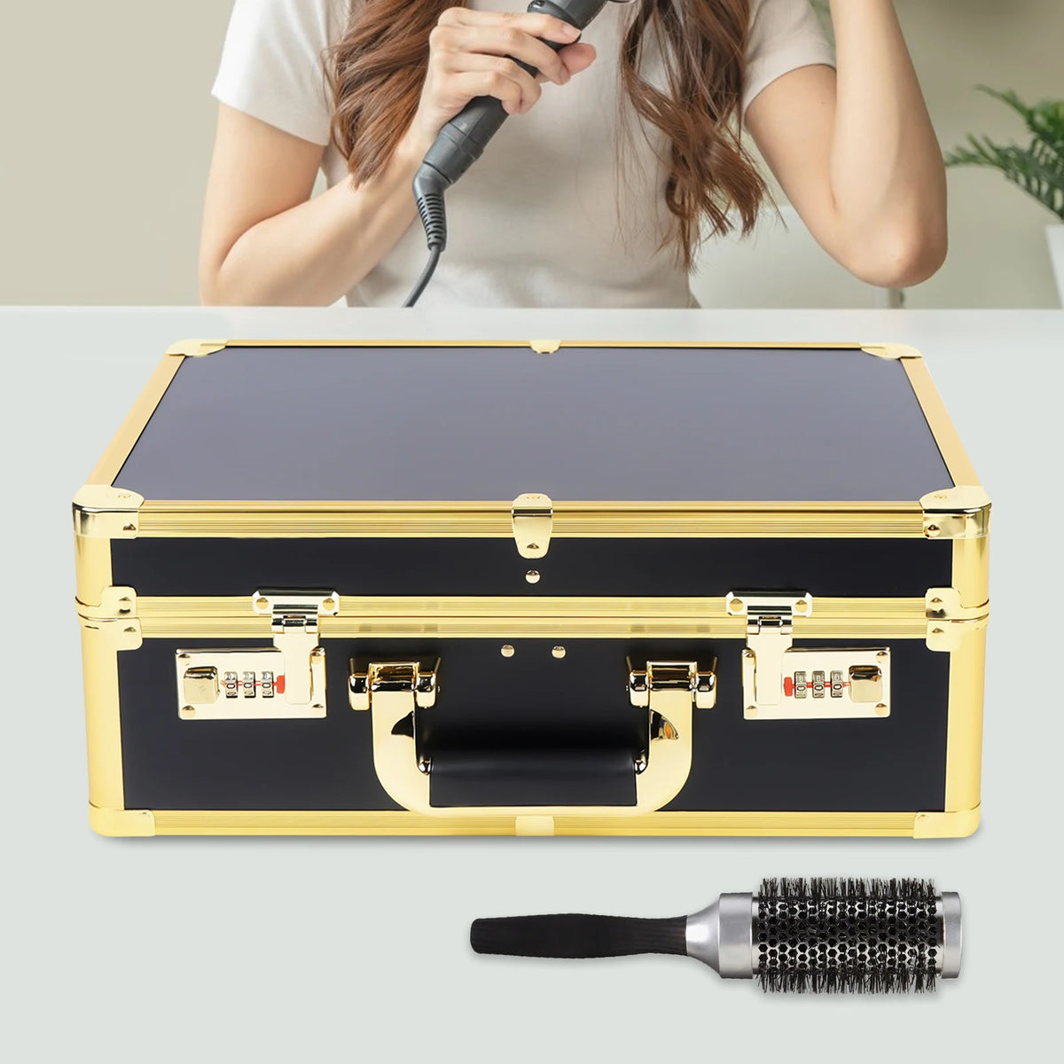 Large Makeup Case 40x16.5x27.5cm with 2 Combination Locks Fireproof Board and Metal 20kg Capacity Gold
