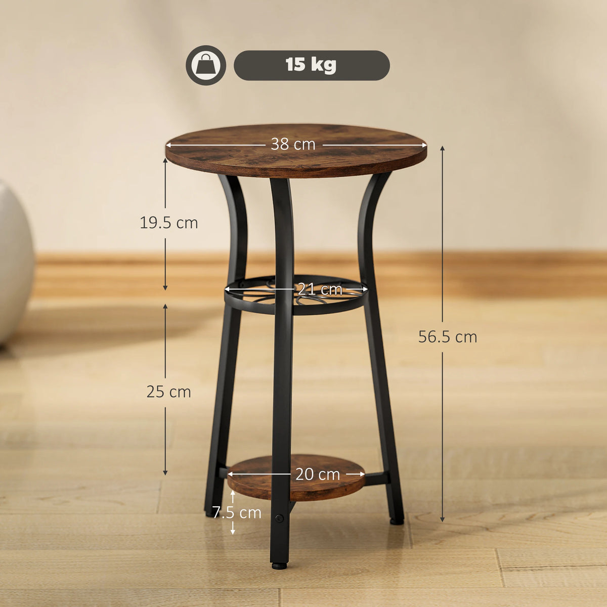 3-Tier Small End Table, Industrial 38cm Round Side Table, Rustic Brown