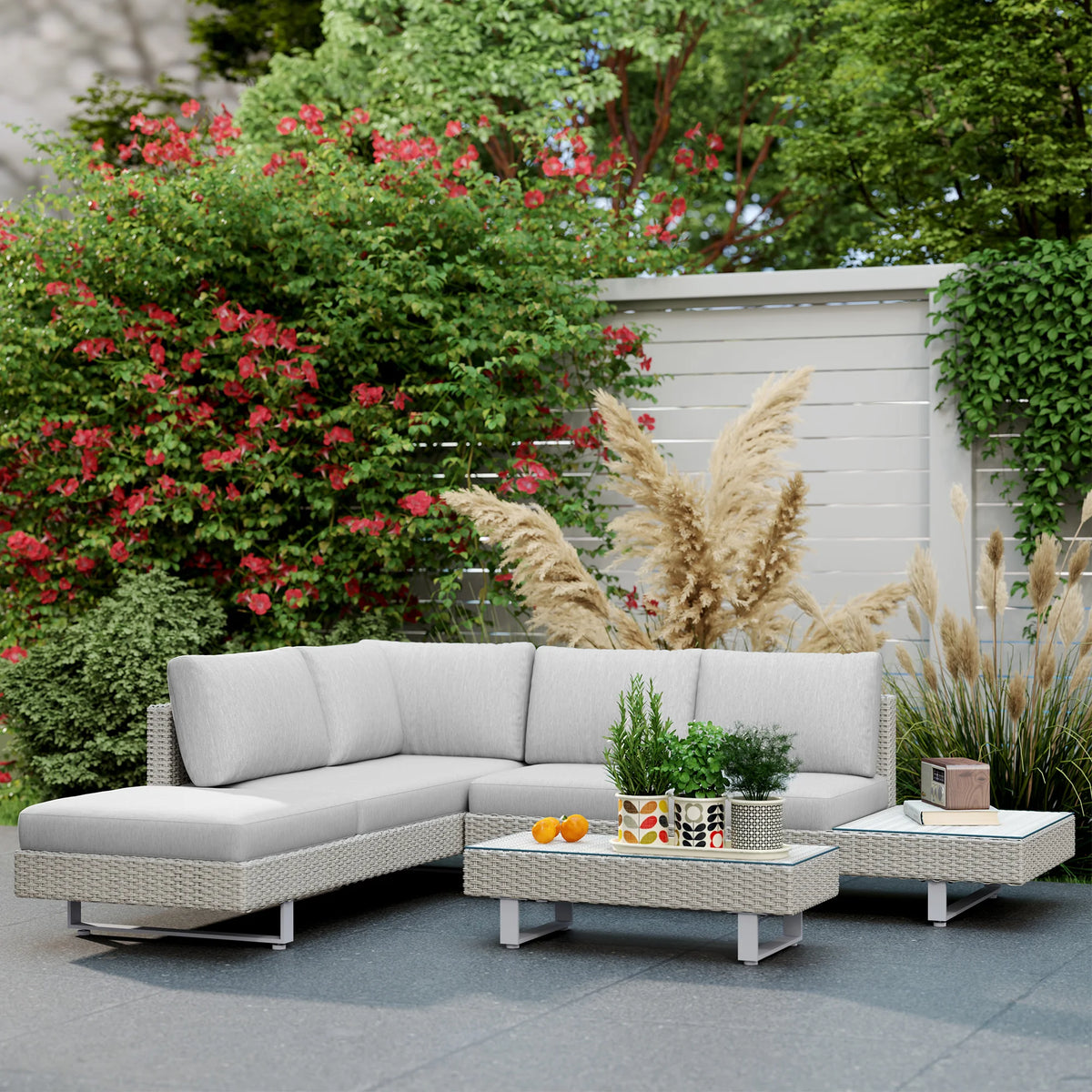 3 Piece Rattan Garden Furniture Set, Wicker Sofa Set with 3-Seater Sofa, Loveseat & Coffee Table, Grey