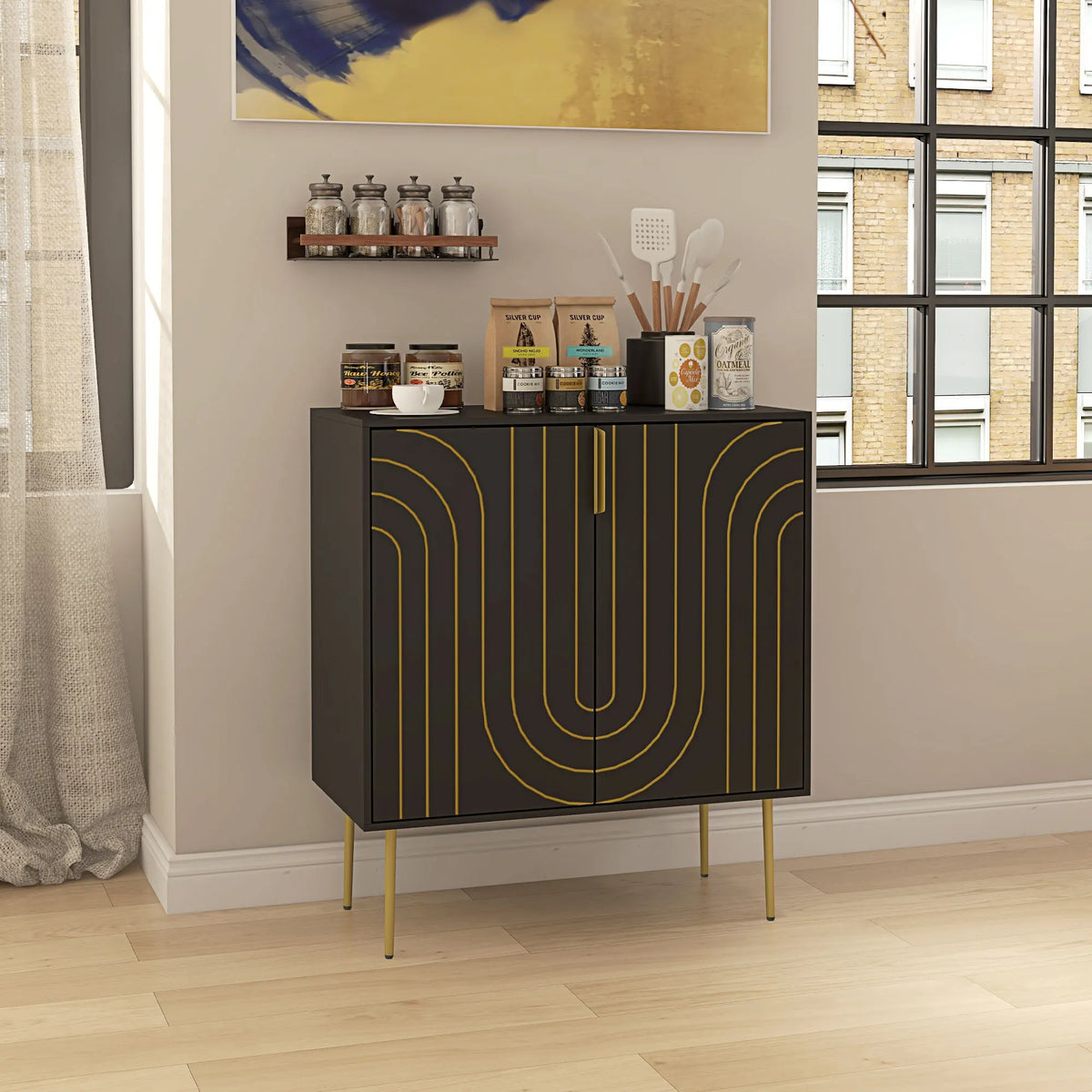 Freestanding Storage Cabinet with Adjustable Shelf for Living Room, Black