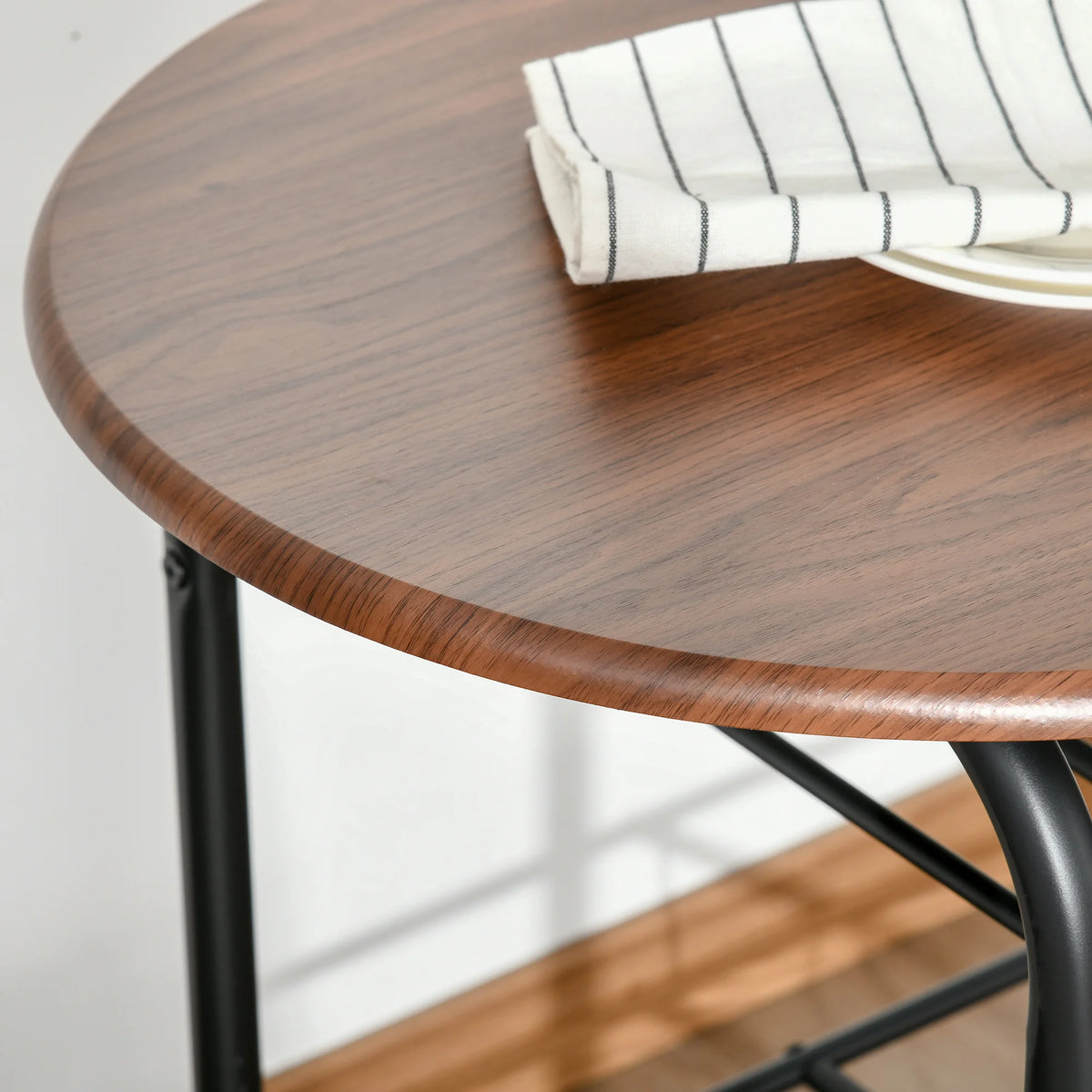 3 Piece Bar Table Set with 2 Stools and Storage Shelf Industrial Metal Frame Oak Tone MDF Water Resistant