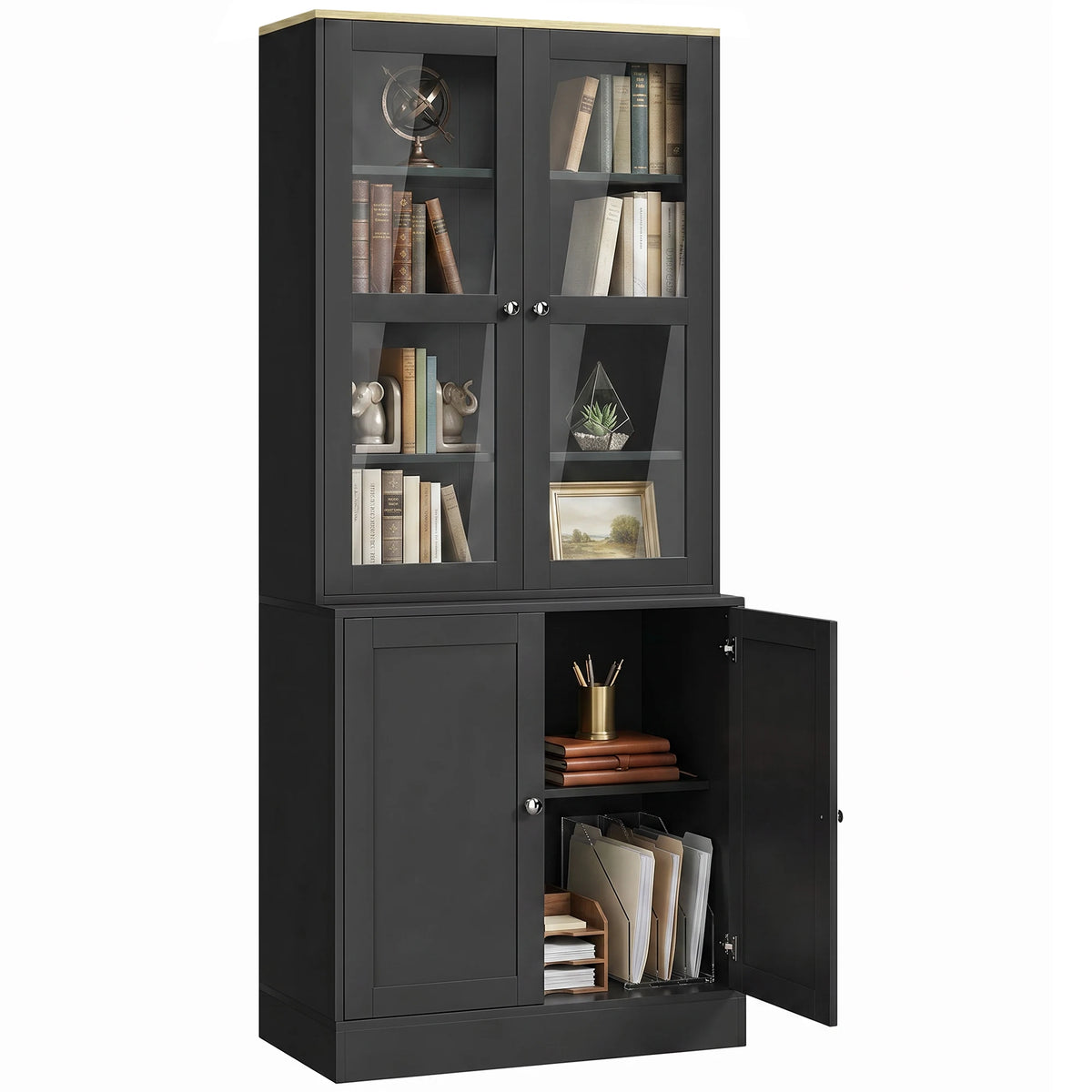 Bookcase Display Cabinet with Glass Doors and Adjustable Shelves, Black