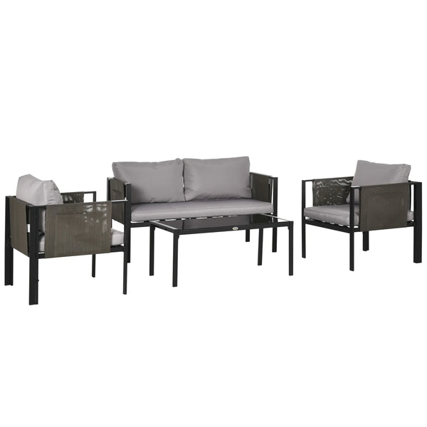 4 Piece Garden Sofa Set with Tempered Glass Coffee Table, Light Grey