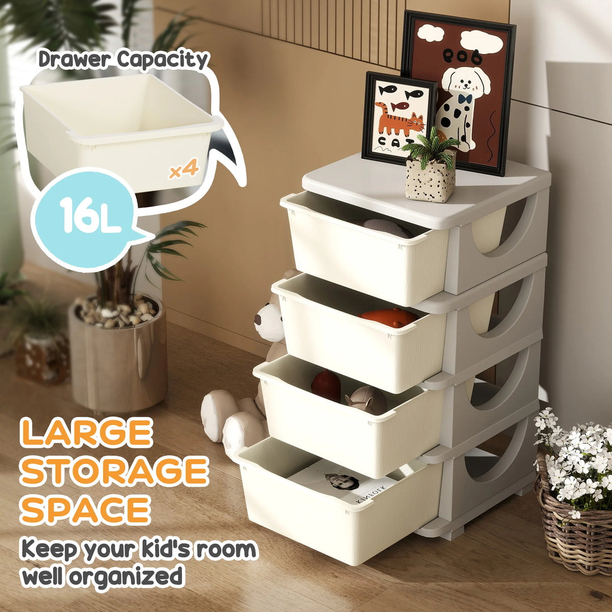 Kids 4 Tier Storage Drawer Unit Plastic Chest Tower with Removable Drawers Rounded Edges Cream