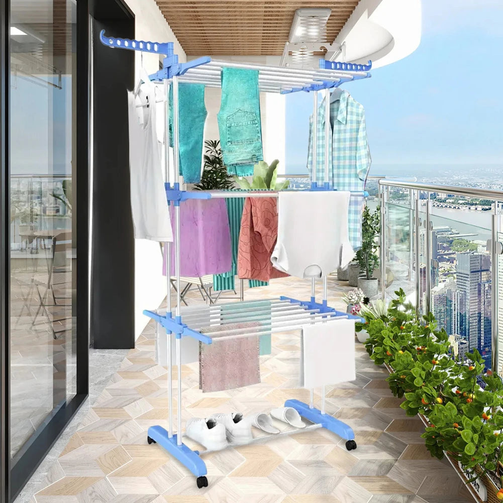 4-Tier Foldable Clothes Airer with Wheels and Side Wings, Rolling Laundry Drying Rack