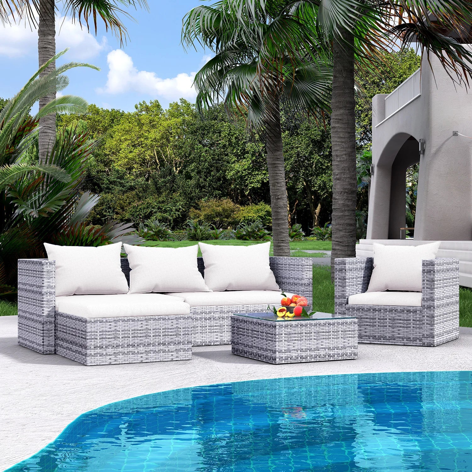 5 Piece Rattan Garden Furniture Set Armchair Double Sofa Glass Top Table Cushions UV Resistant Indoor Outdoor