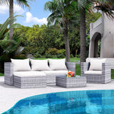 5 Piece Rattan Garden Furniture Set Armchair Double Sofa Glass Top Table Cushions UV Resistant Indoor Outdoor