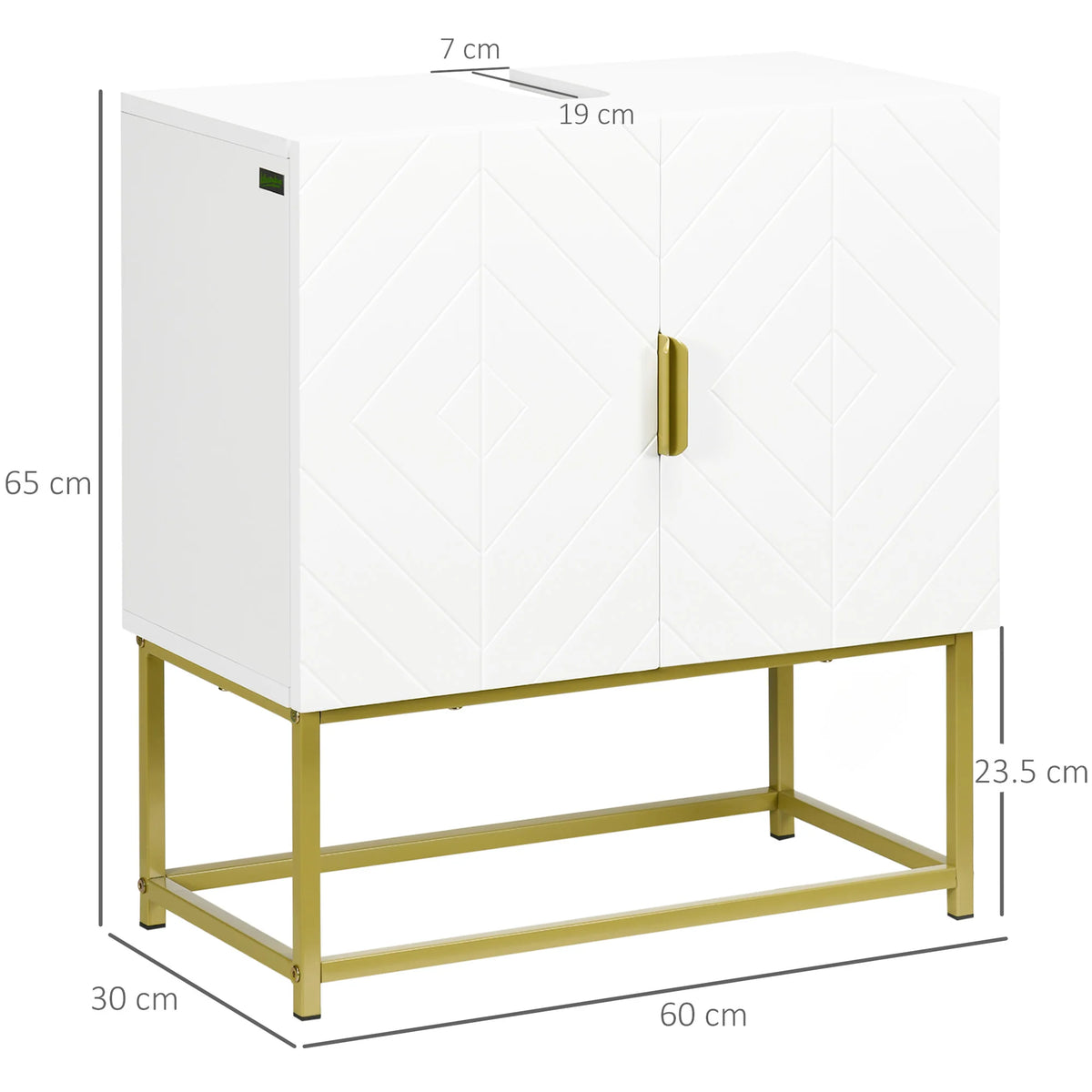 Under Sink Bathroom Cabinet with 2 Doors and Steel Legs, White and Gold